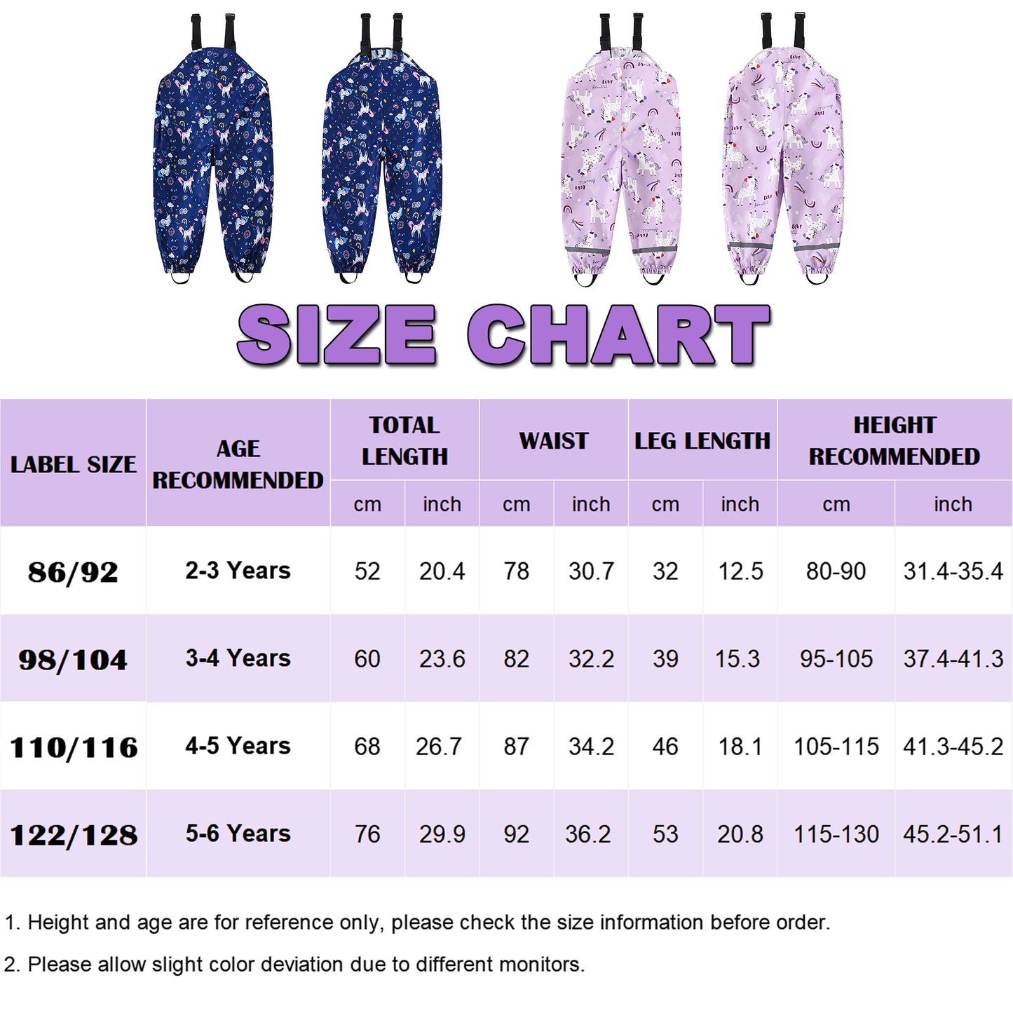Toddler Waterproof Rain Bib Pants, Girls Rain Pants Kids Cartoon Rain Trousers Lightweight Mud Pants Rainwear
