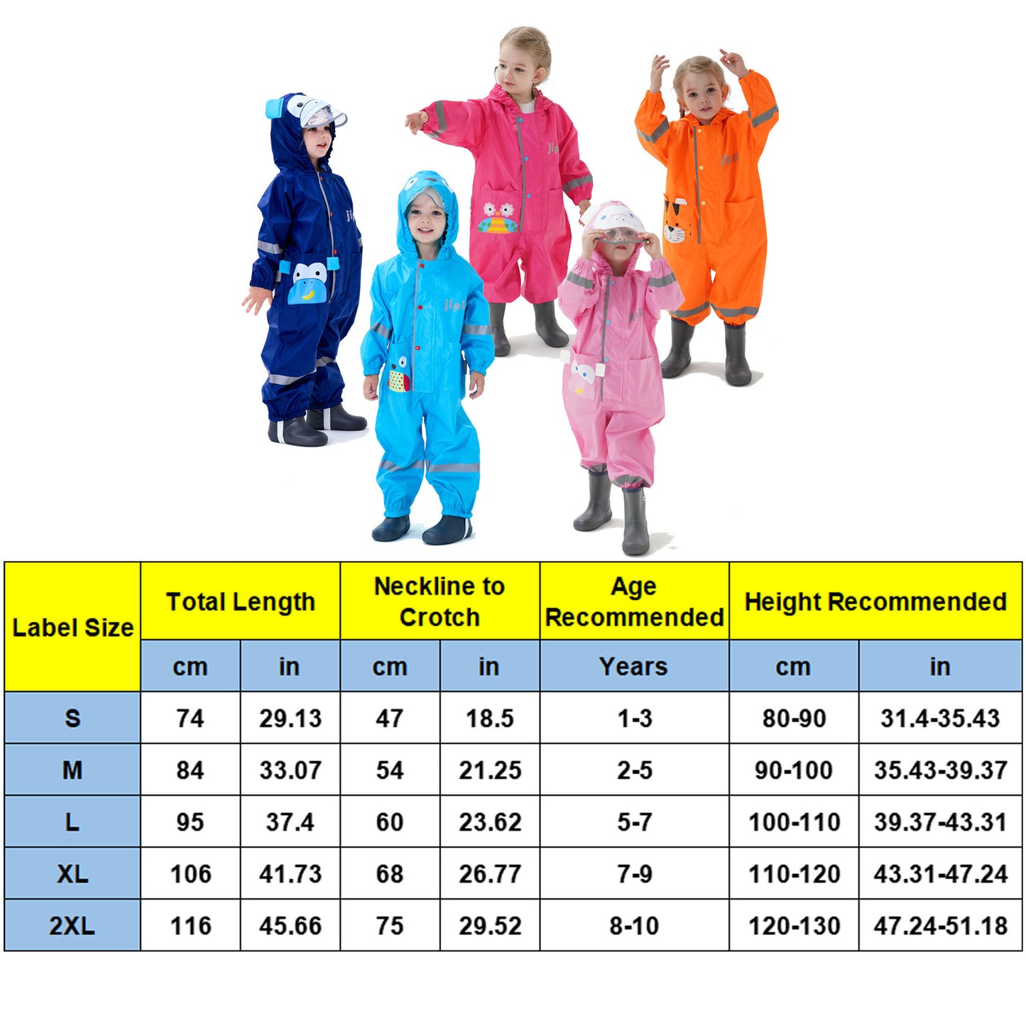 Kids Rain Suit Boys Girls Waterproof Suit Toddler One Piece Puddle Suit Hoodie Zipper Cute Cartoon Rain Jacket