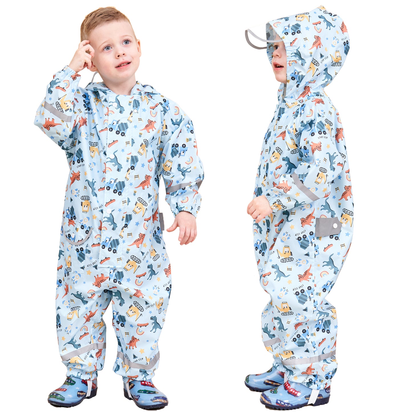 Kids Rain Suit Waterproof Suit Puddle Suit Boys Girls All In One Rain Coat Cartoon Hoodie Zip Rain Jacket