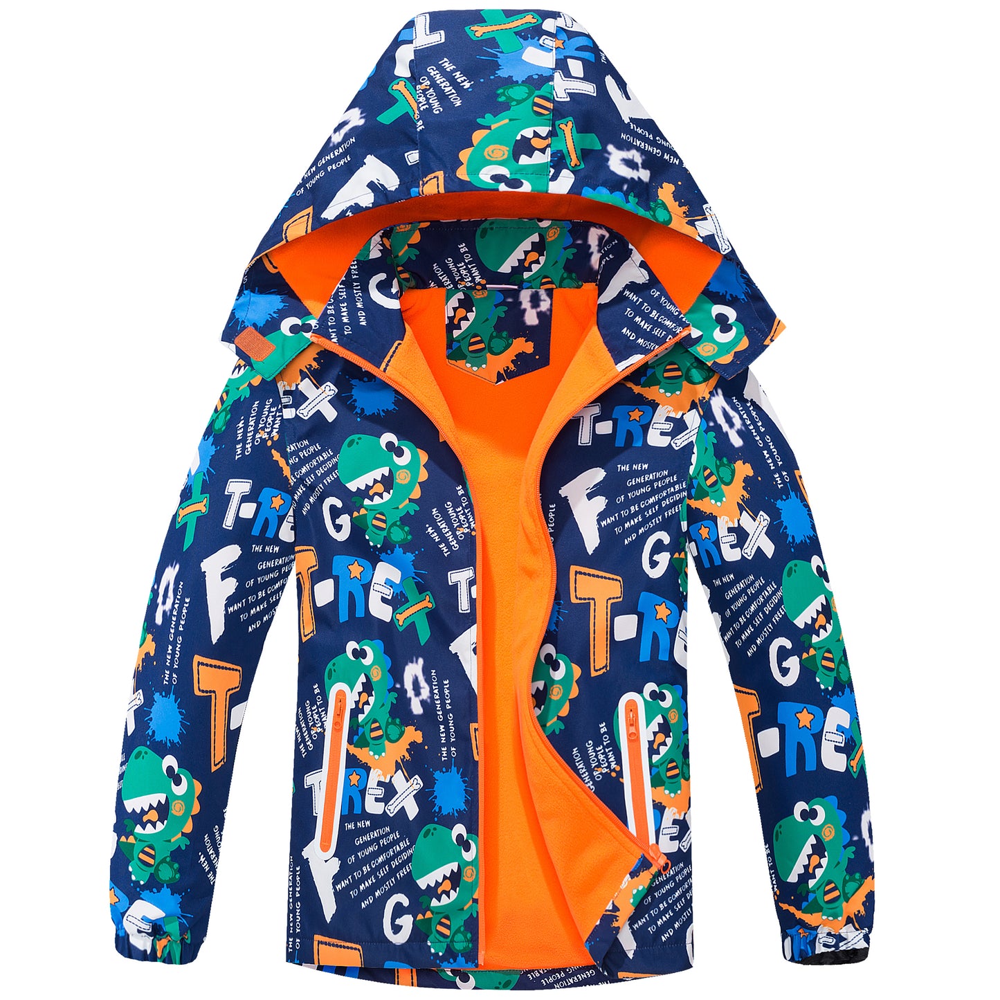 Kids Waterproof Jackets, Boys Rain Jackets Fleece Lined Windbreaker Hooded Raincoat Cartoon Dinosaurs Waterproof Coat Zipper Windproof Sports Outwear