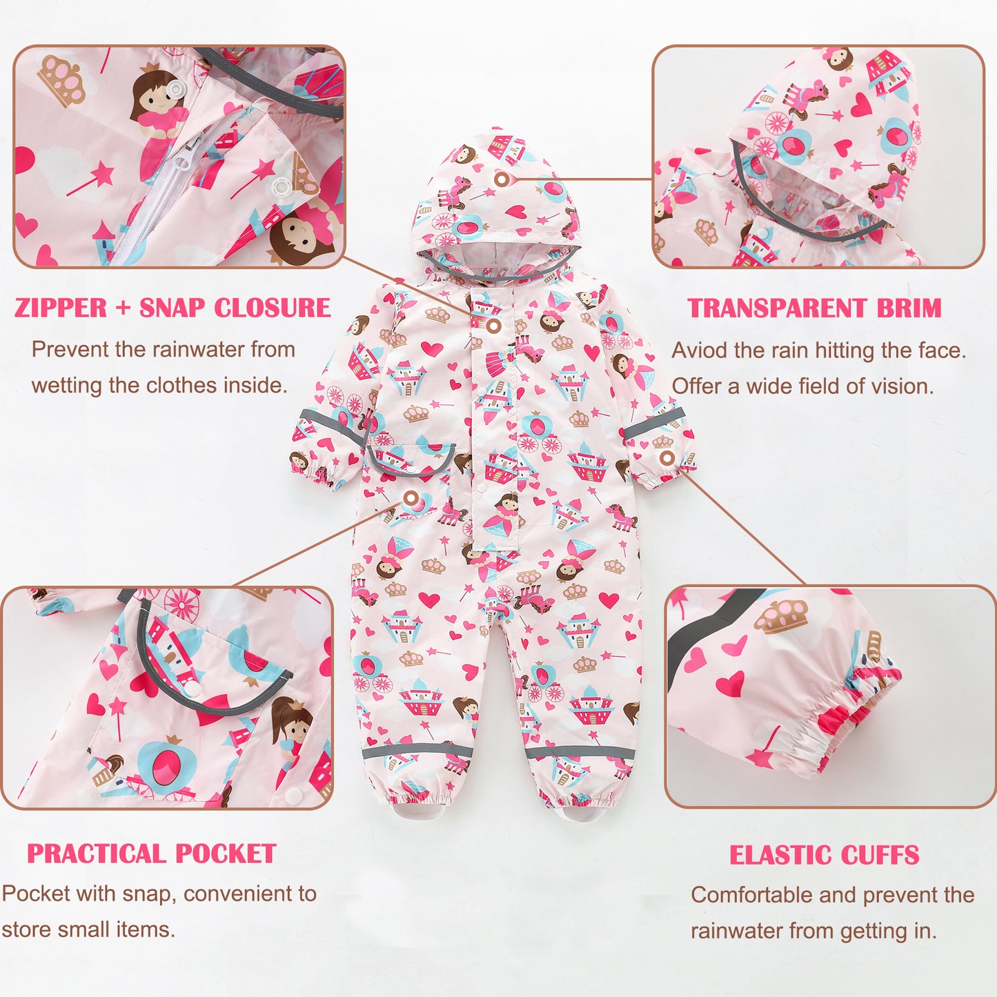 Kids Rain Suit Waterproof Suit Puddle Suit Boys Girls All In One Rain Coat Cartoon Hoodie Zip Rain Jacket