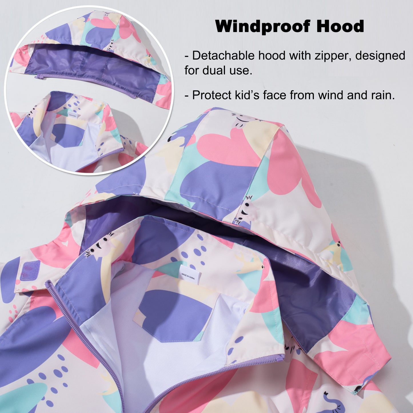 Waterproof Jacket for Girls Rain Jackets, Kids Hooded Raincoats Lightweight Windbreaker Cartoon Windproof Outdoor Coats for Spring Fall