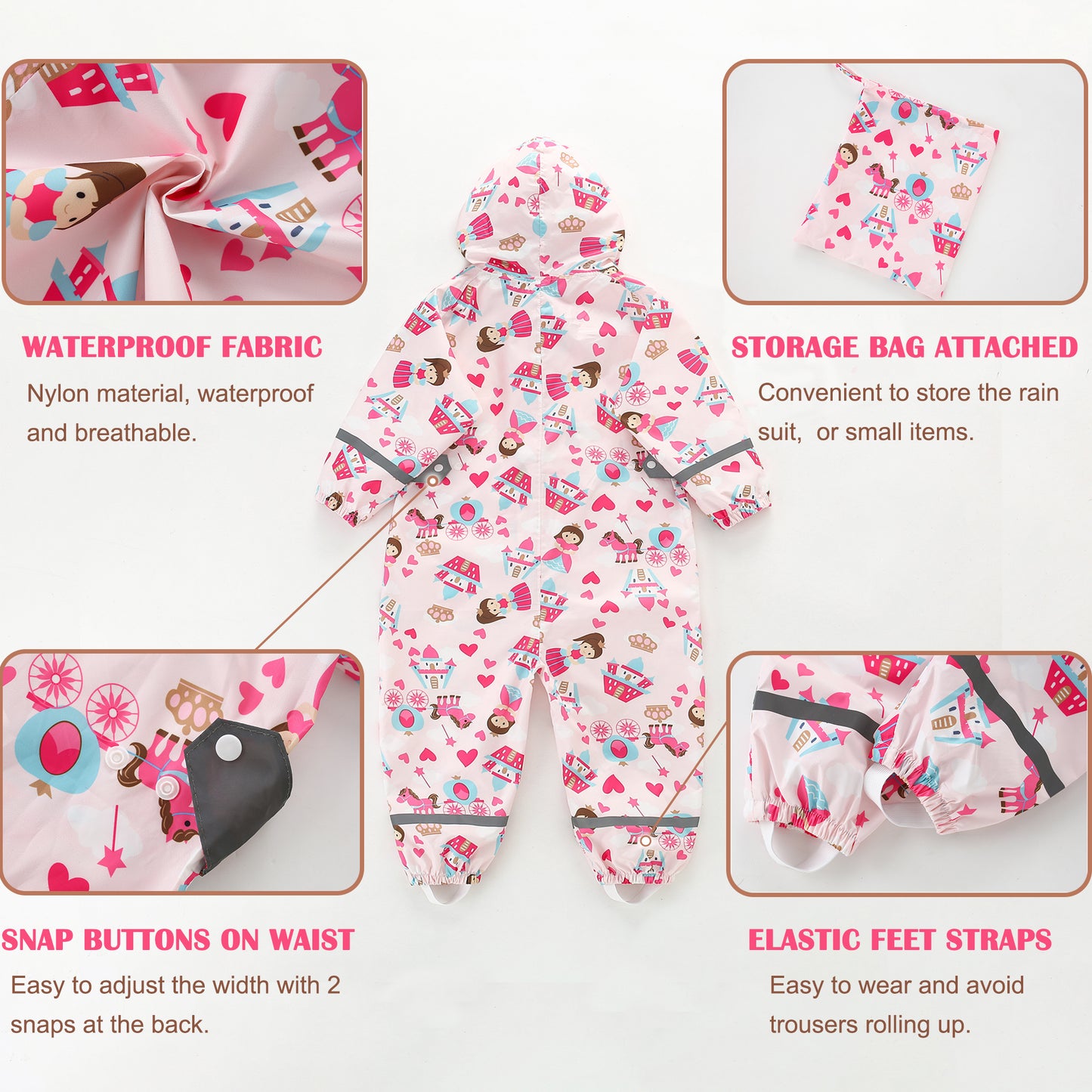 Kids Rain Suit Waterproof Suit Puddle Suit Boys Girls All In One Rain Coat Cartoon Hoodie Zip Rain Jacket
