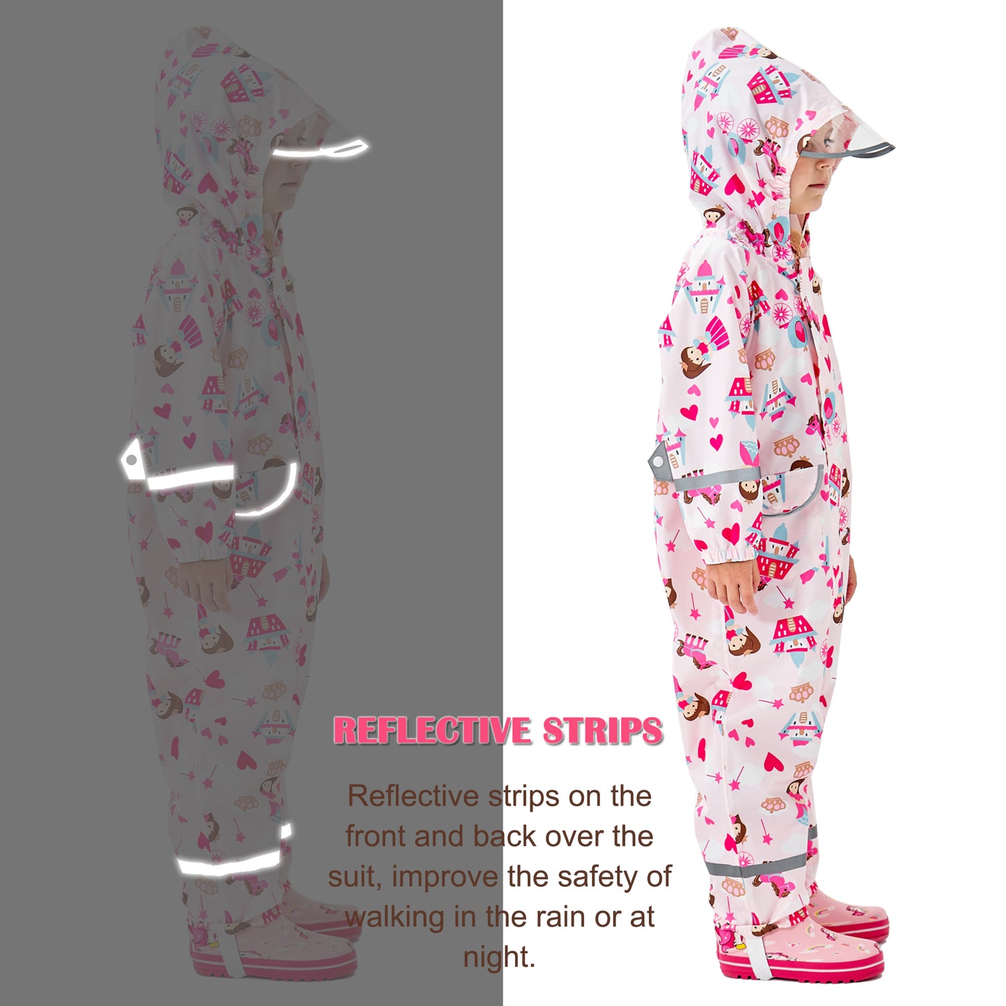 Kids Rain Suit Waterproof Suit Puddle Suit Boys Girls All In One Rain Coat Cartoon Hoodie Zip Rain Jacket