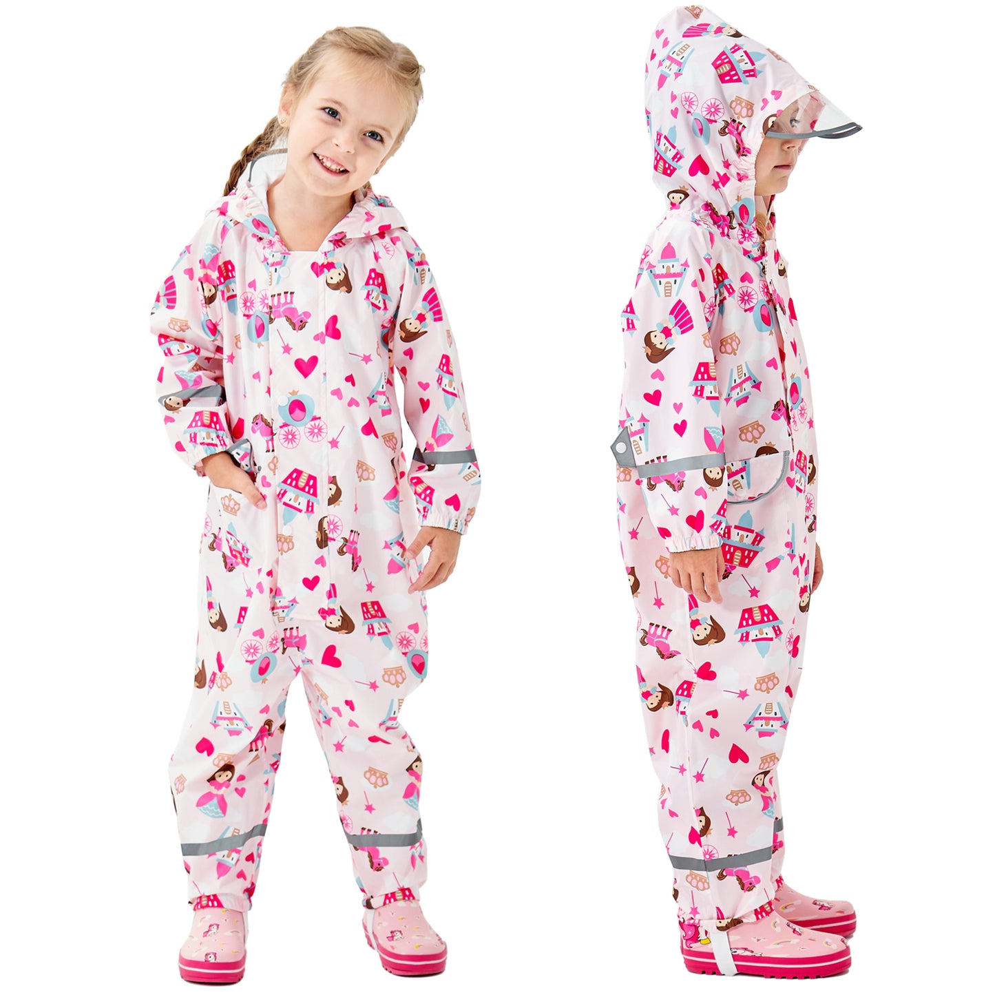 Kids Rain Suit Waterproof Suit Puddle Suit Boys Girls All In One Rain Coat Cartoon Hoodie Zip Rain Jacket