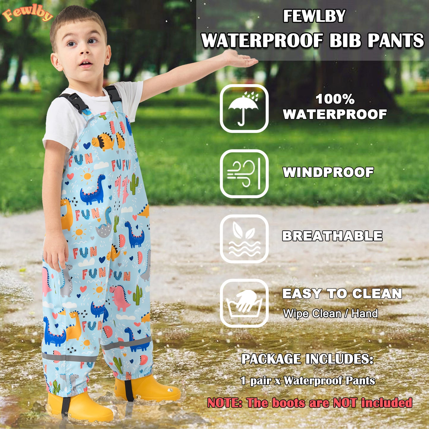 Kids Waterproof Rain Bib Pants, Toddlers Suspender Mud Dirty Proof Rain Wear