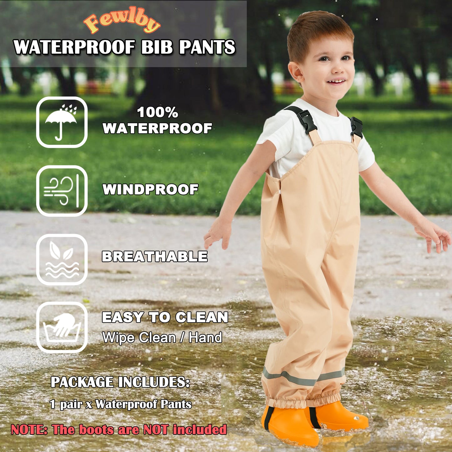Fewlby Kids Rain Bib Pants, Toddlers Waterproof Suspender Dirty Proof Rain Wear for Boys and Girls