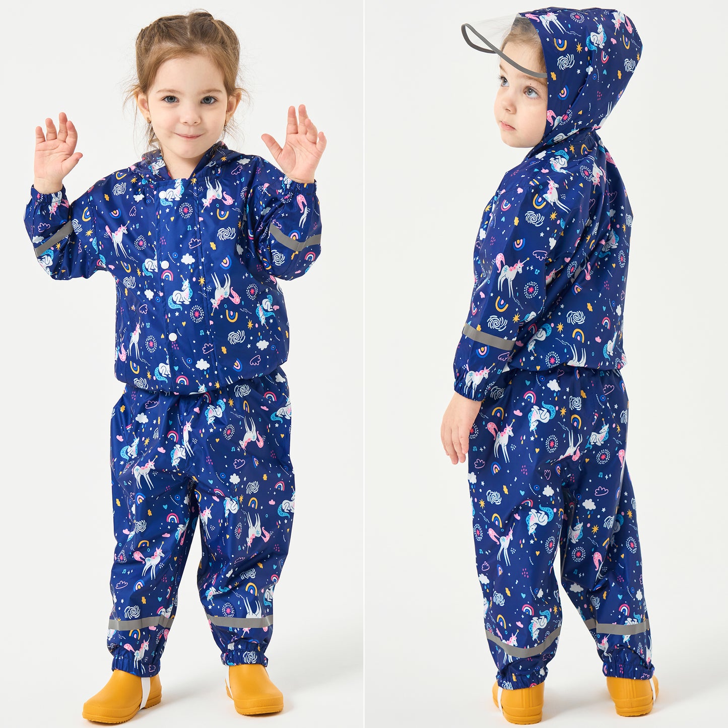 Fewlby Kids Rainsuit Girls Cartoon Raincoat Set, Toddler Waterproof Rain Jacket and Pants Child Rainset Rainwear