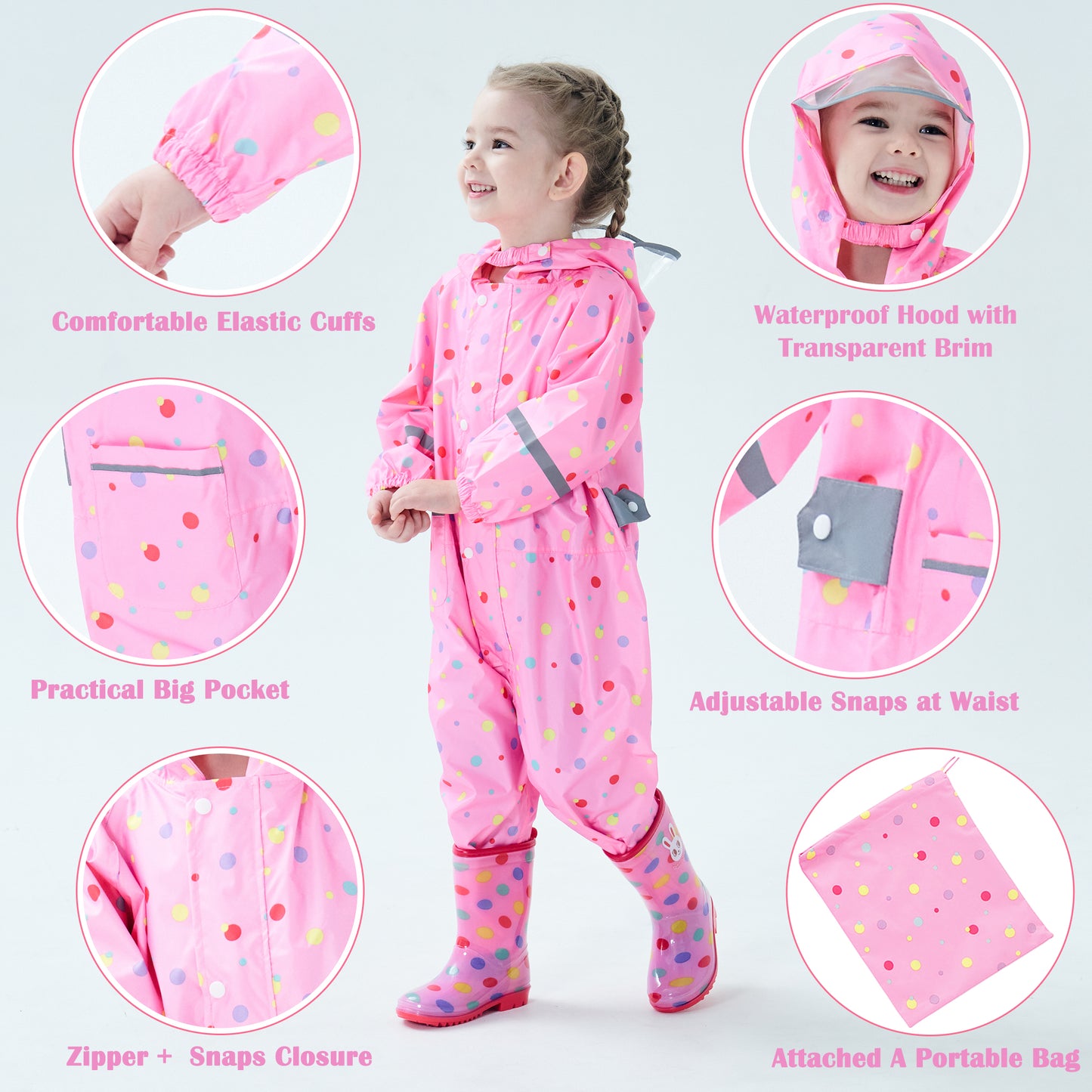 Kids Toddler Rain Suit for Boys Girls One Piece Hoodie Zipper Waterproof Rain Jacket 1-10 Years