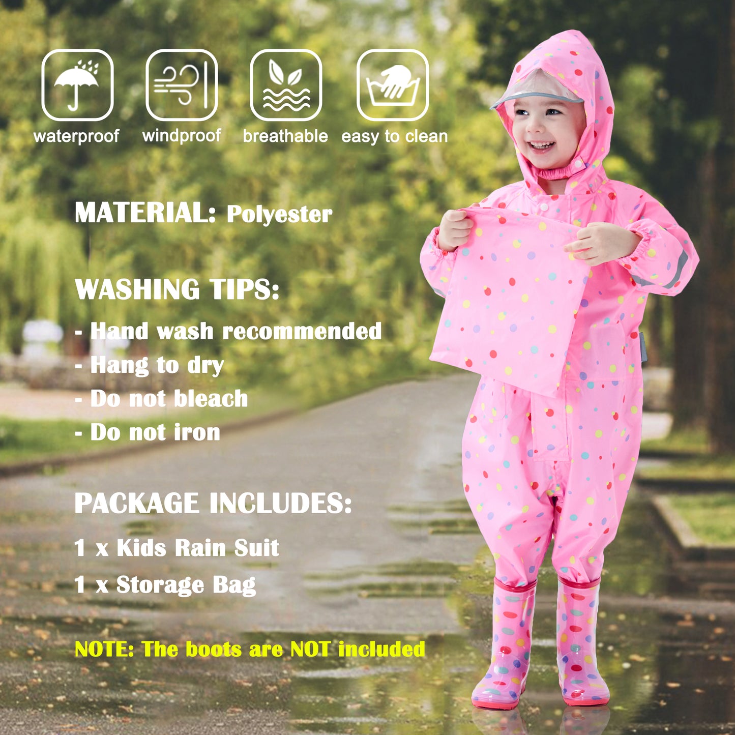 Kids Toddler Rain Suit for Boys Girls One Piece Hoodie Zipper Waterproof Rain Jacket 1-10 Years