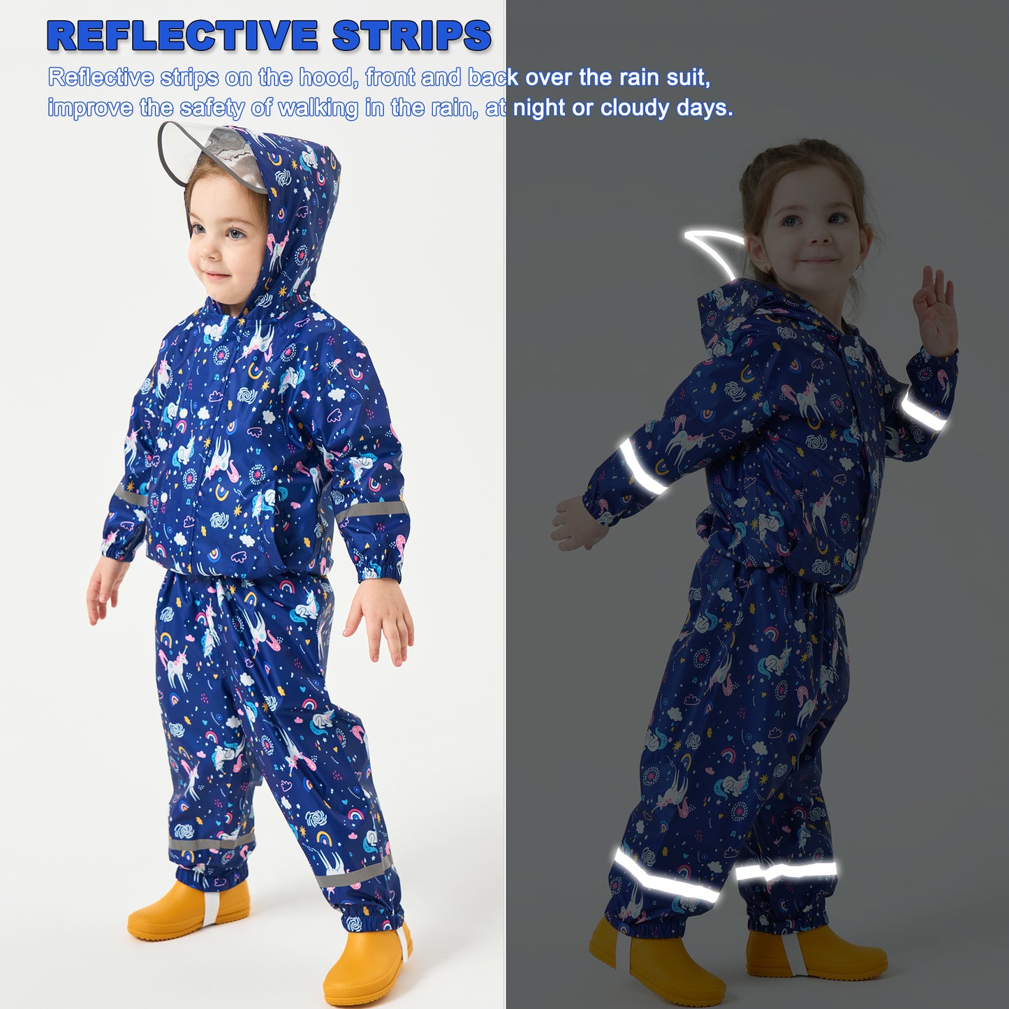 Fewlby Kids Rainsuit Girls Cartoon Raincoat Set, Toddler Waterproof Rain Jacket and Pants Child Rainset Rainwear