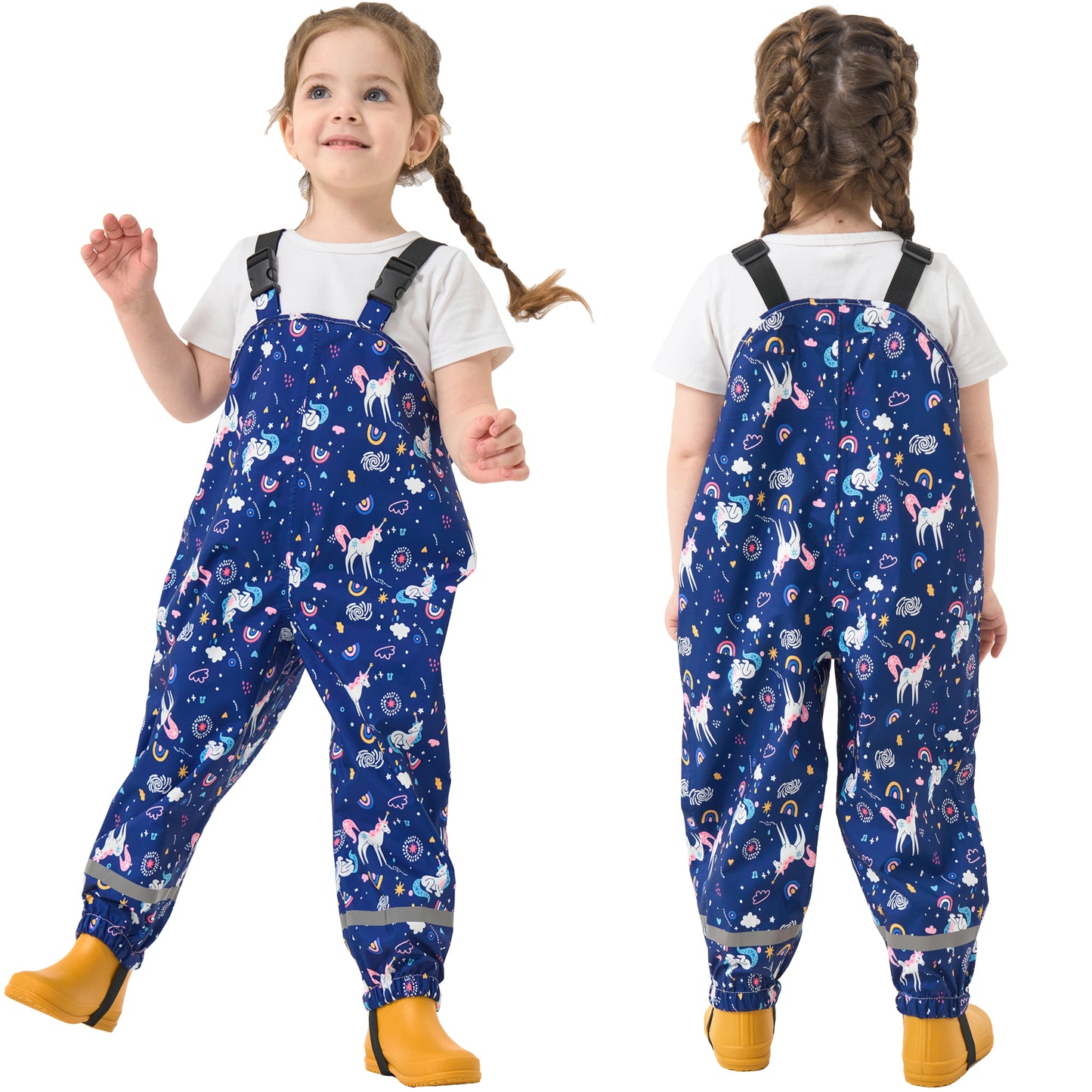 Toddler Waterproof Rain Bib Pants, Girls Rain Pants Kids Cartoon Rain Trousers Lightweight Mud Pants Rainwear