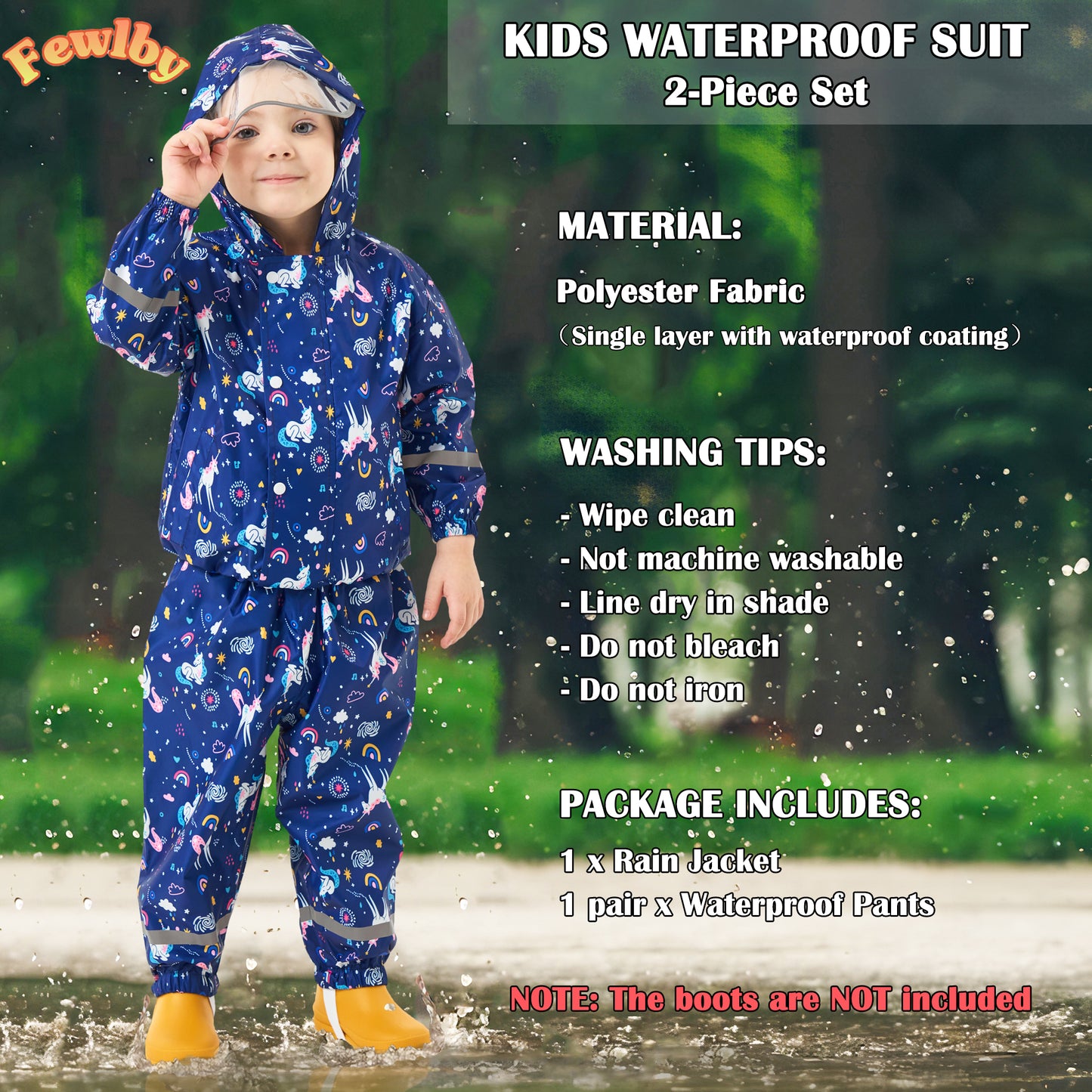 Fewlby Kids Rainsuit Girls Cartoon Raincoat Set, Toddler Waterproof Rain Jacket and Pants Child Rainset Rainwear