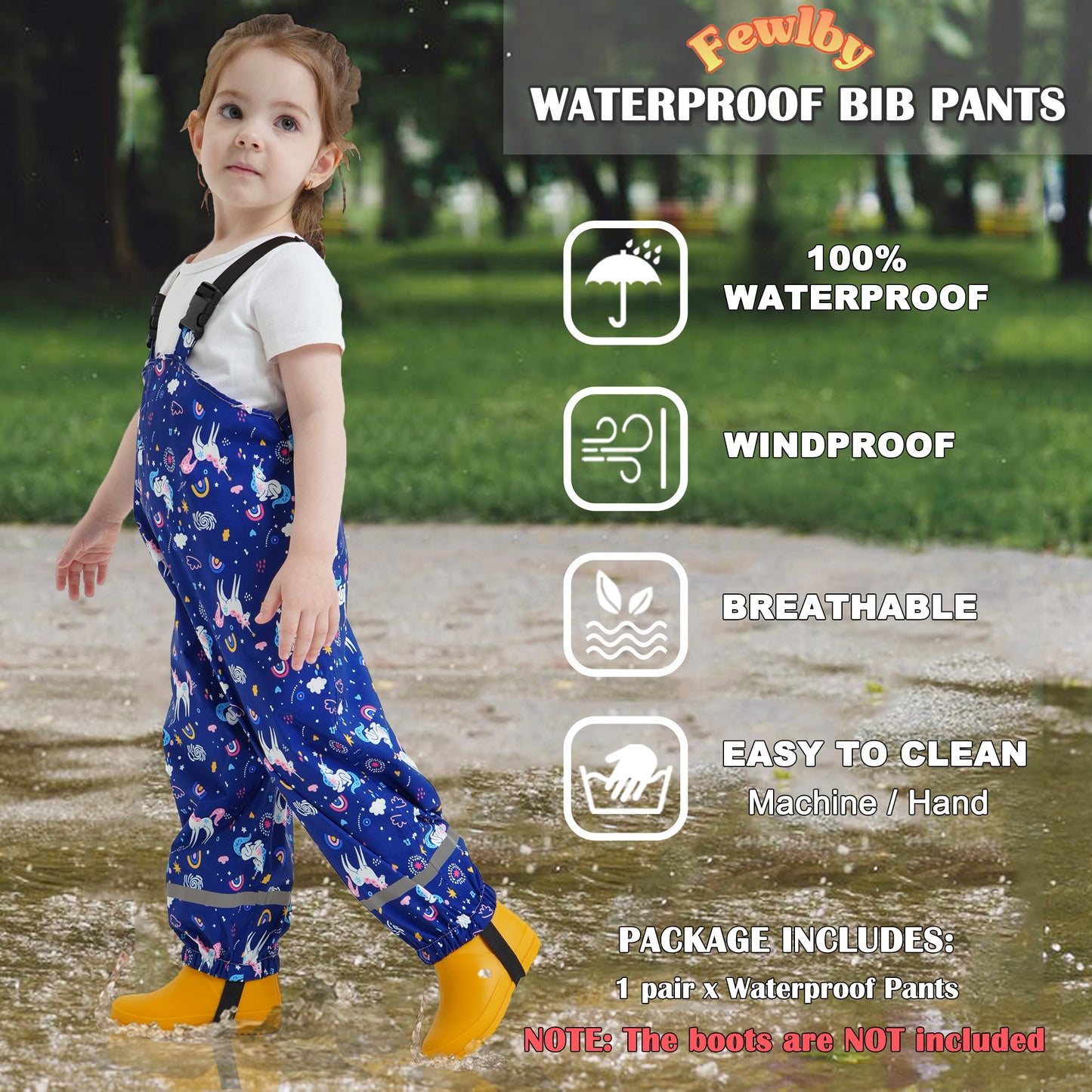 Toddler Waterproof Rain Bib Pants, Girls Rain Pants Kids Cartoon Rain Trousers Lightweight Mud Pants Rainwear