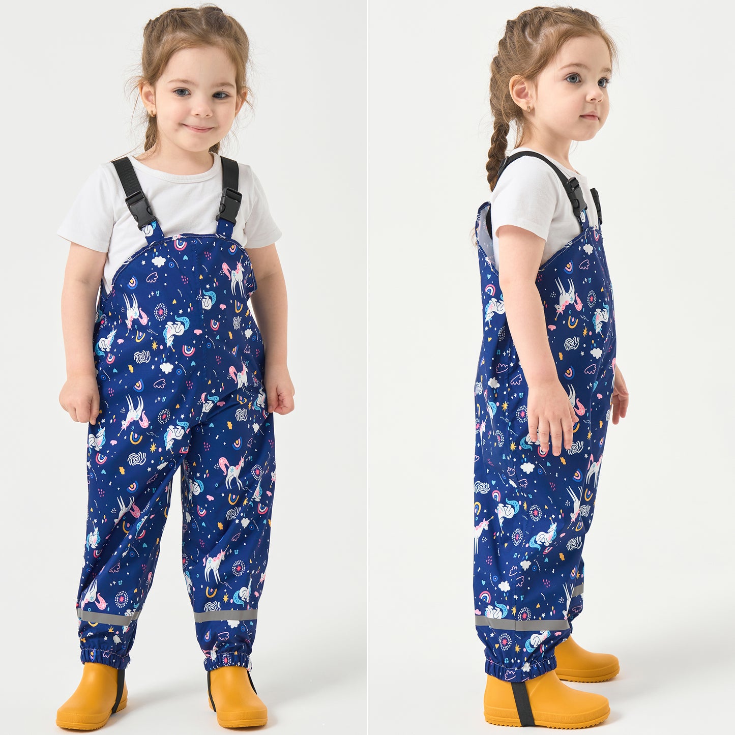 Toddler Waterproof Rain Bib Pants, Girls Rain Pants Kids Cartoon Rain Trousers Lightweight Mud Pants Rainwear