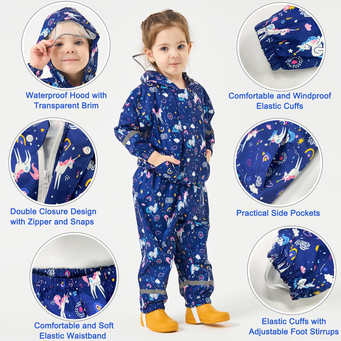 Fewlby Kids Rainsuit Girls Cartoon Raincoat Set, Toddler Waterproof Rain Jacket and Pants Child Rainset Rainwear