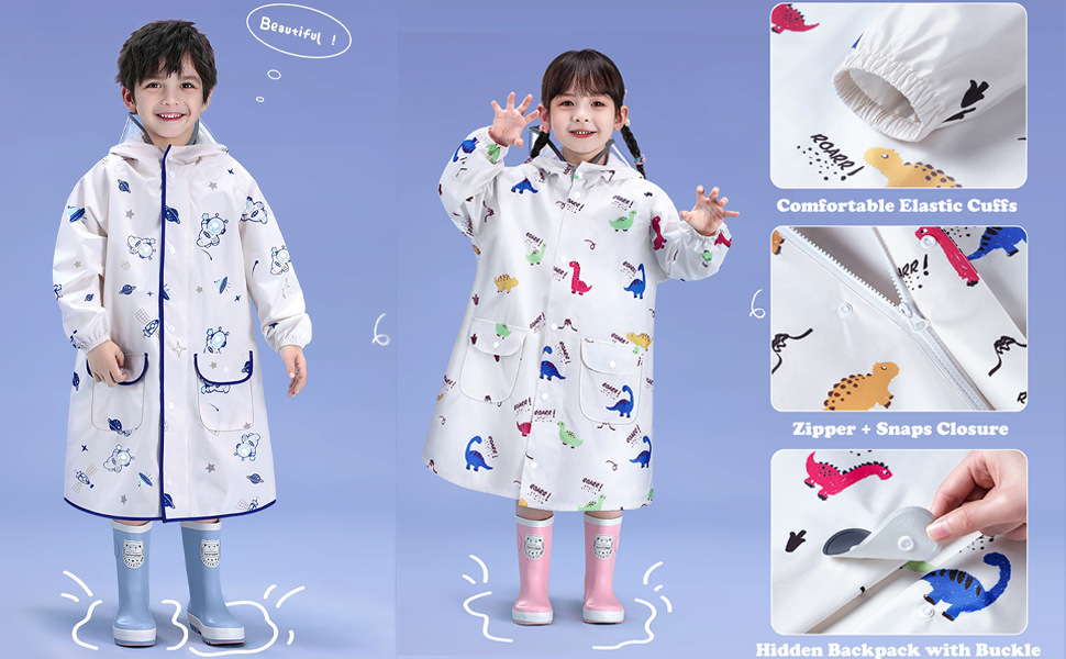 Fewlby Toddler Raincoats for Girls Boys Waterproof Rain Jacket Kids Rain Wear Children Rain Poncho S-2XL Size