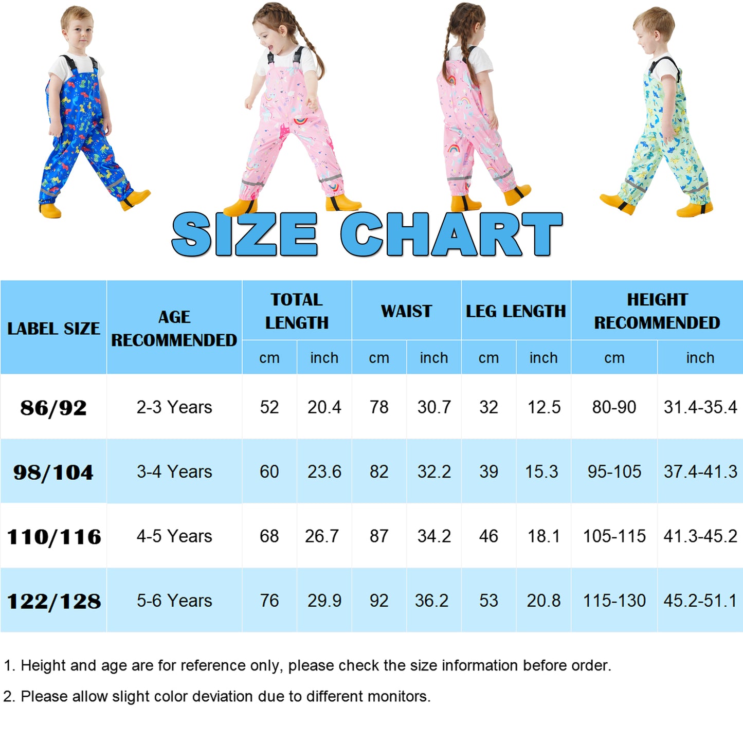 Kids Waterproof Rain Bib Pants, Boys Girls Rain Pants Cartoon Rain Trousers Lightweight Rainwear for Toddlers