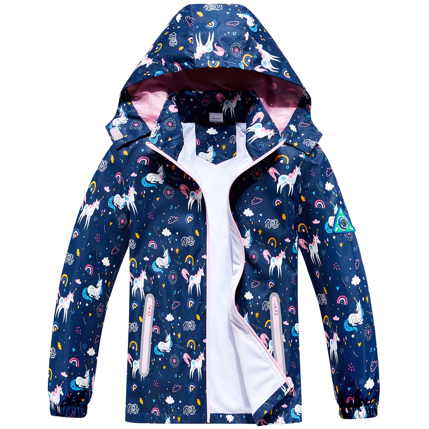 Girls Rain Jackets, Kids Waterproof Jacket Hooded Raincoats Lightweight Windbreaker Cartoon Windproof Outdoor Coats for Spring Fall