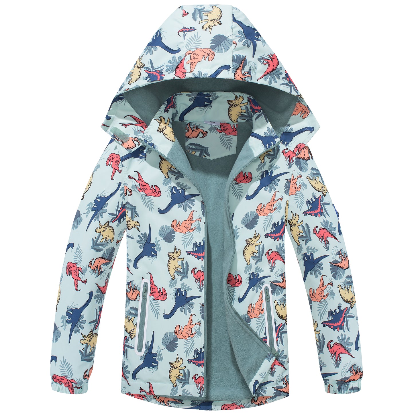 Kids Waterproof Jackets, Boys Rain Jackets Fleece Lined Windbreaker Hooded Raincoat Cartoon Dinosaurs Waterproof Coat Zipper Windproof Sports Outwear