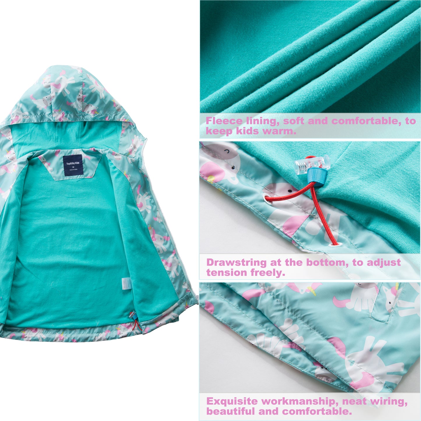 Girls Rain Jackets Waterproof Lightweight Hooded Cotton Kids Outdoor Raincoats Breathable Windbreakers 4-11 Years