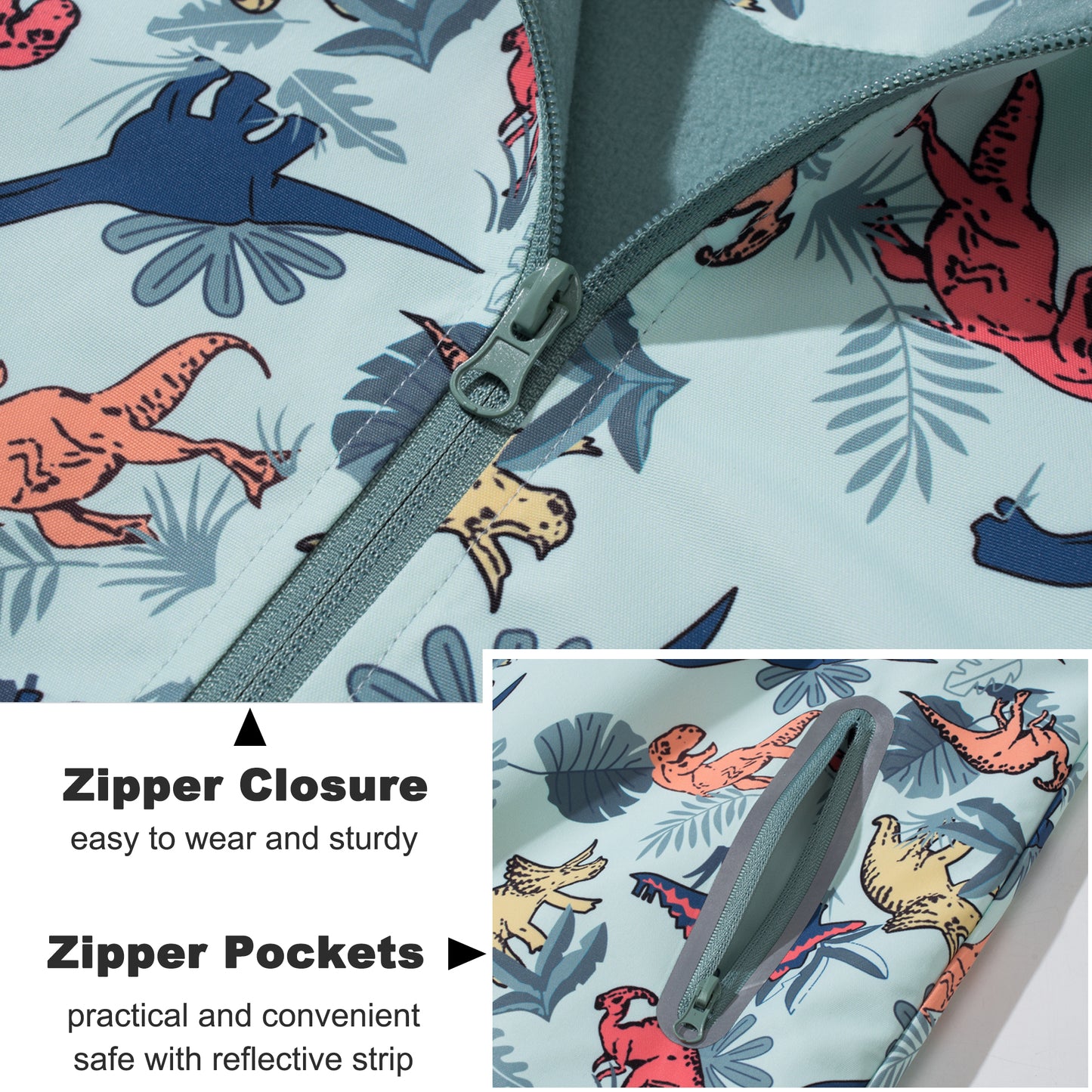 Kids Waterproof Jackets, Boys Rain Jackets Fleece Lined Windbreaker Hooded Raincoat Cartoon Dinosaurs Waterproof Coat Zipper Windproof Sports Outwear