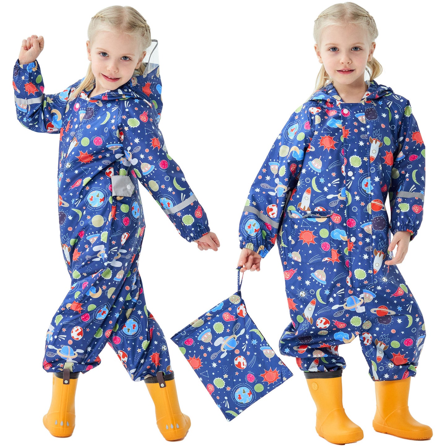 Kids Rain Suit Waterproof Suit Puddle Suit Boys Girls All In One Rain Coat Cartoon Hoodie Zip Rain Jacket