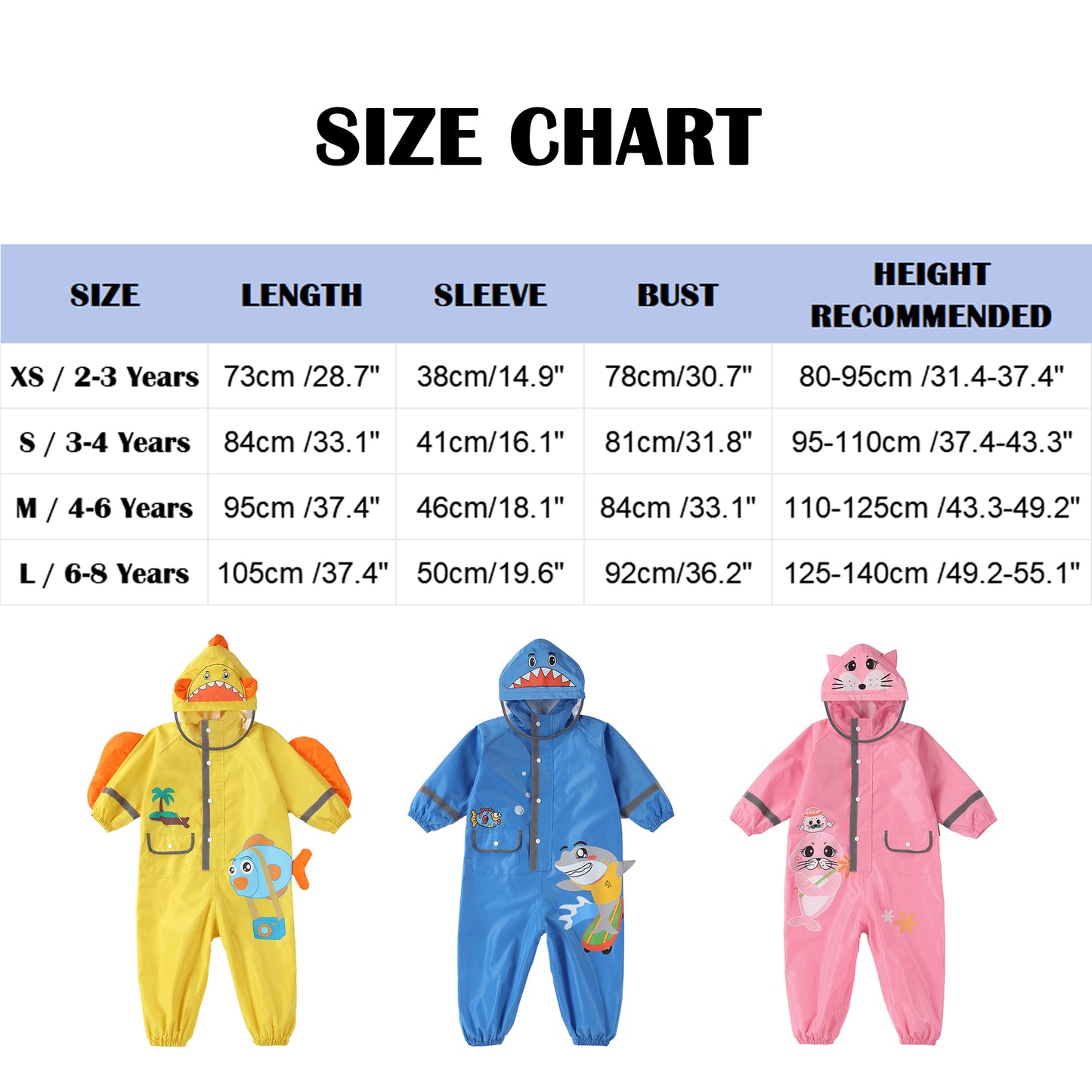 Fewlby Toddler Kids Boys Girls One Piece Rainsuit Raincoat Waterproof Hoodie Coveralls Cute Cartoon Rain Jacket