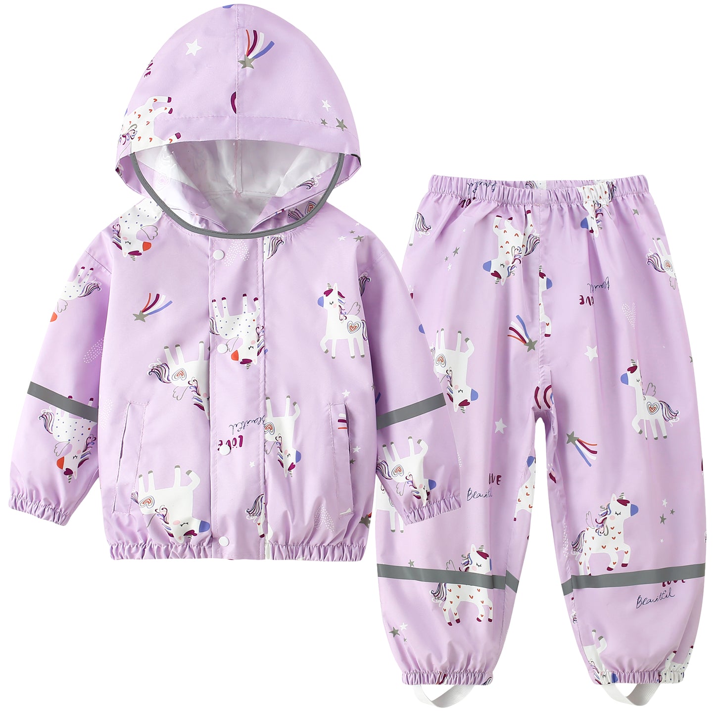 Fewlby Kids Rainsuit Girls Cartoon Raincoat Set, Toddler Waterproof Rain Jacket and Pants Child Rainset Rainwear