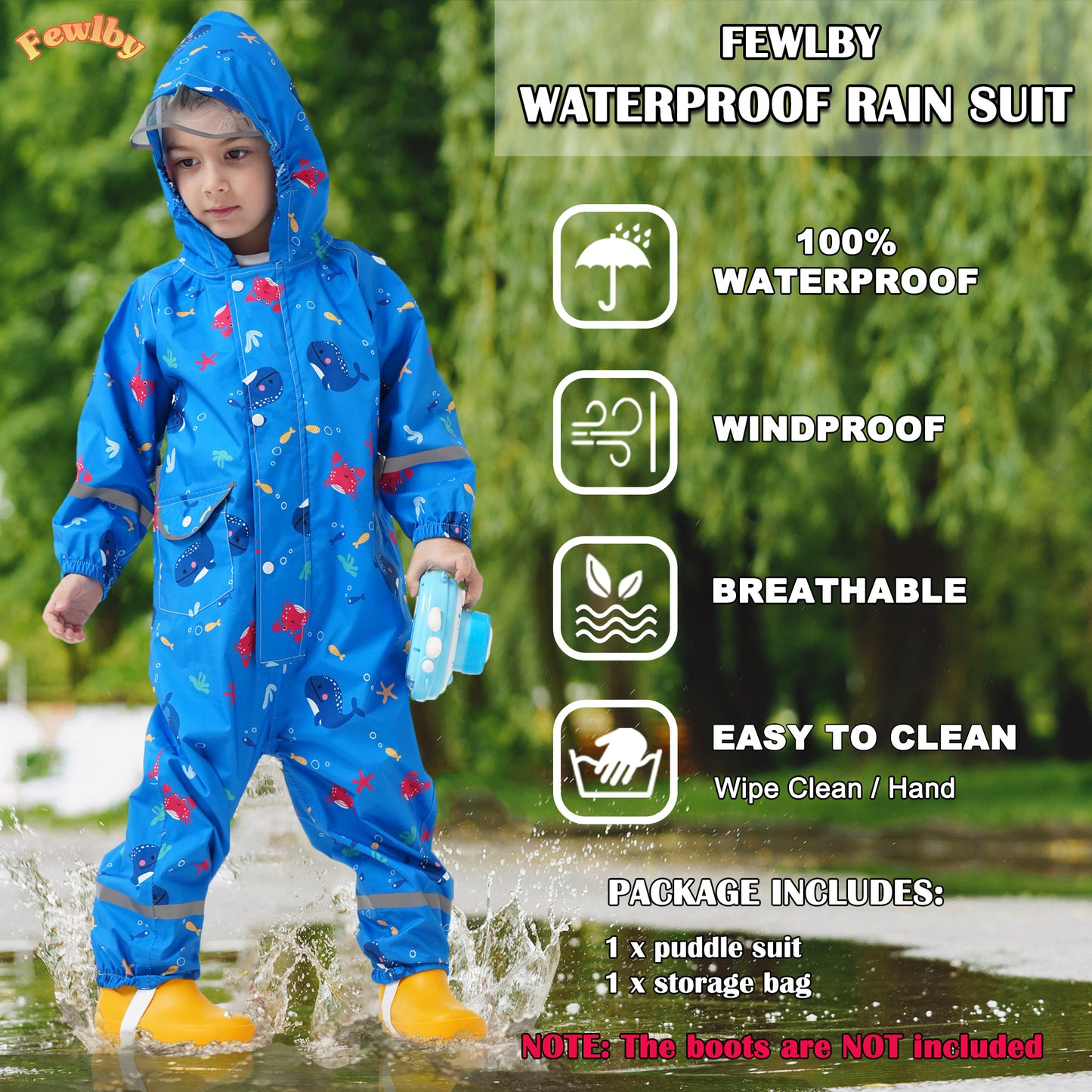 Kids Rain Suit, Toddler Raincoats One Piece Hoodie Cartoon Rain Gear Boys Waterproof Rainwear Coveralls