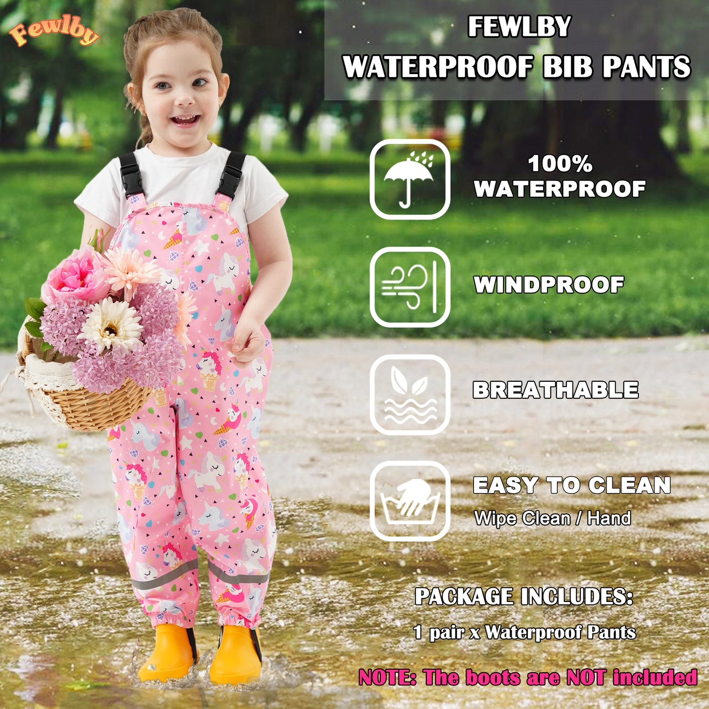 Kids Waterproof Rain Bib Pants, Toddlers Suspender Mud Dirty Proof Rain Wear