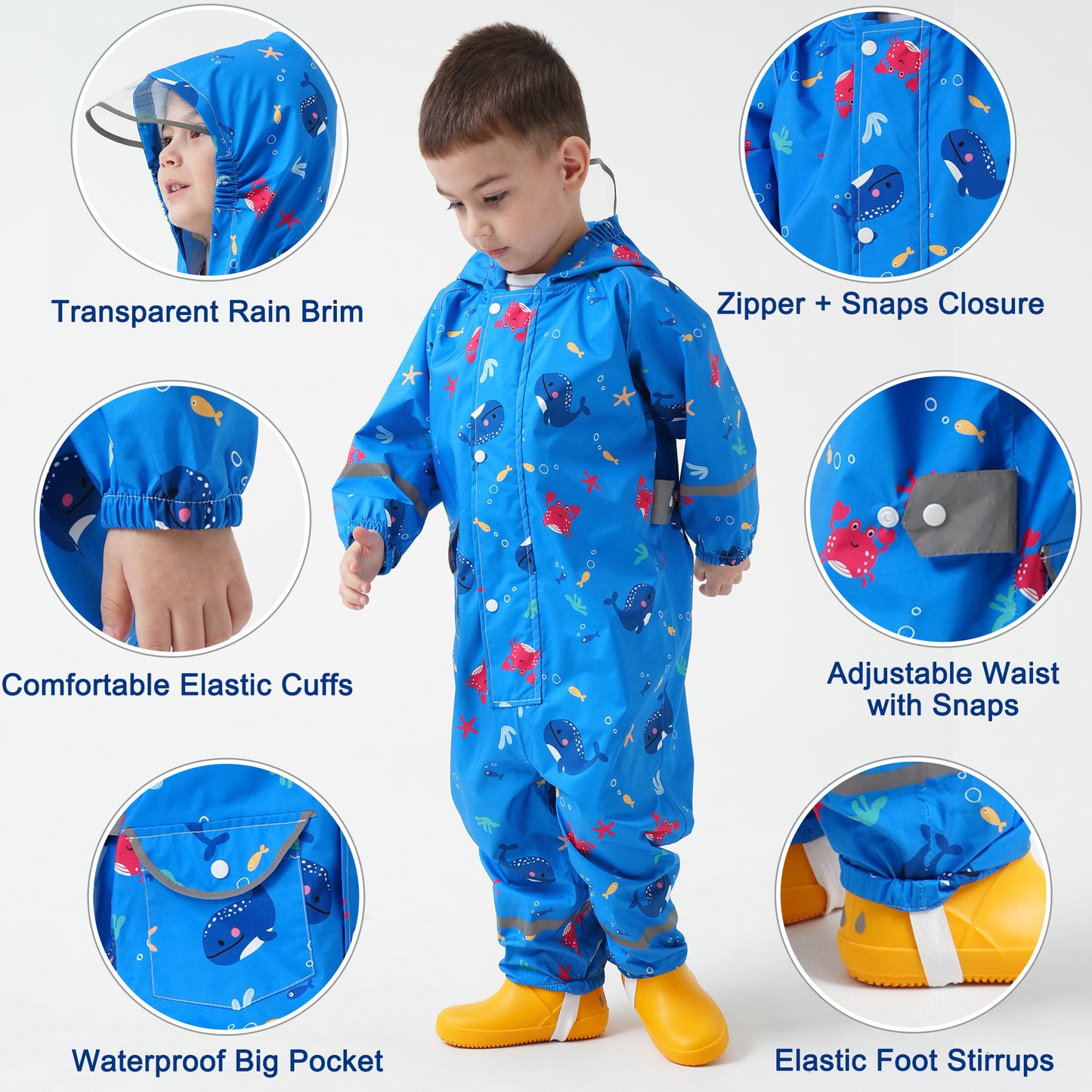Kids Rain Suit, Toddler Raincoats One Piece Hoodie Cartoon Rain Gear Boys Waterproof Rainwear Coveralls