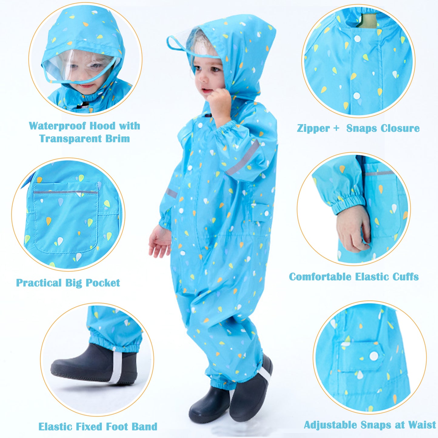 Kids Toddler Rain Suit for Boys Girls One Piece Hoodie Zipper Waterproof Rain Jacket 1-10 Years