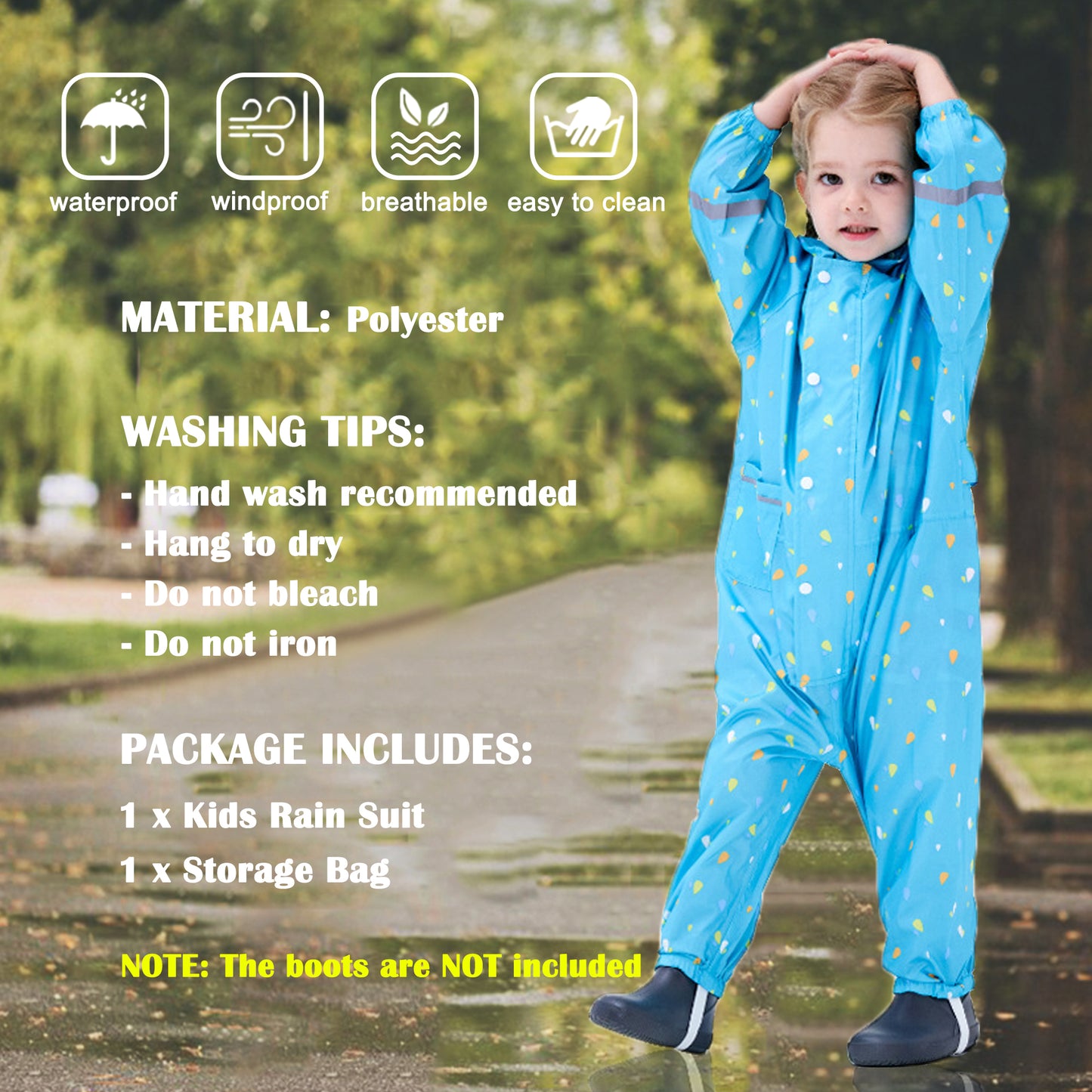 Kids Toddler Rain Suit for Boys Girls One Piece Hoodie Zipper Waterproof Rain Jacket 1-10 Years