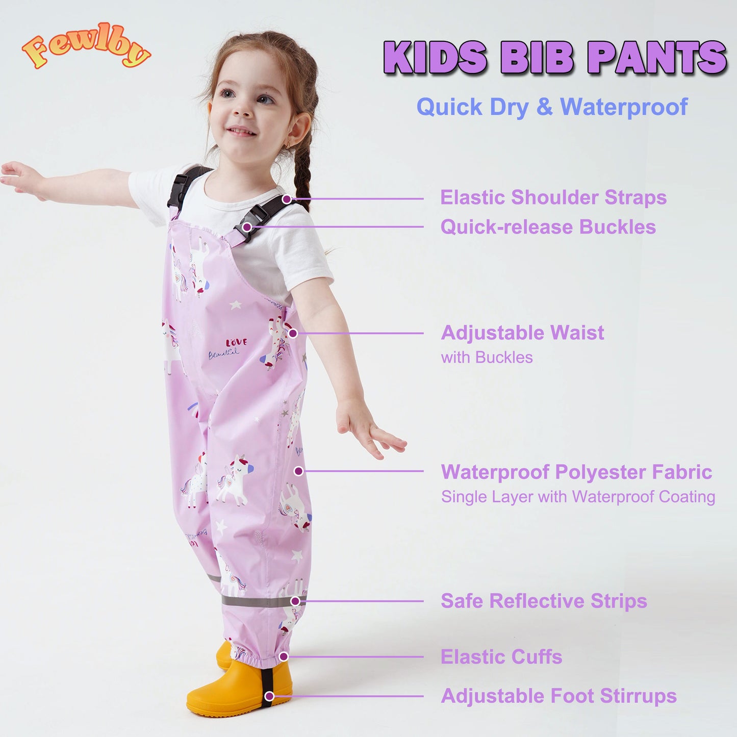 Toddler Waterproof Rain Bib Pants, Girls Rain Pants Kids Cartoon Rain Trousers Lightweight Mud Pants Rainwear