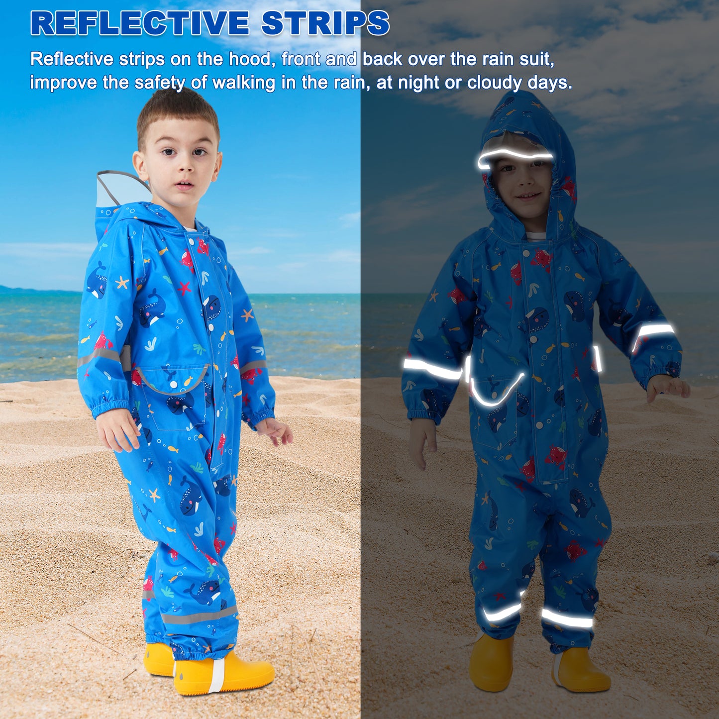 Kids Rain Suit, Toddler Raincoats One Piece Hoodie Cartoon Rain Gear Boys Waterproof Rainwear Coveralls