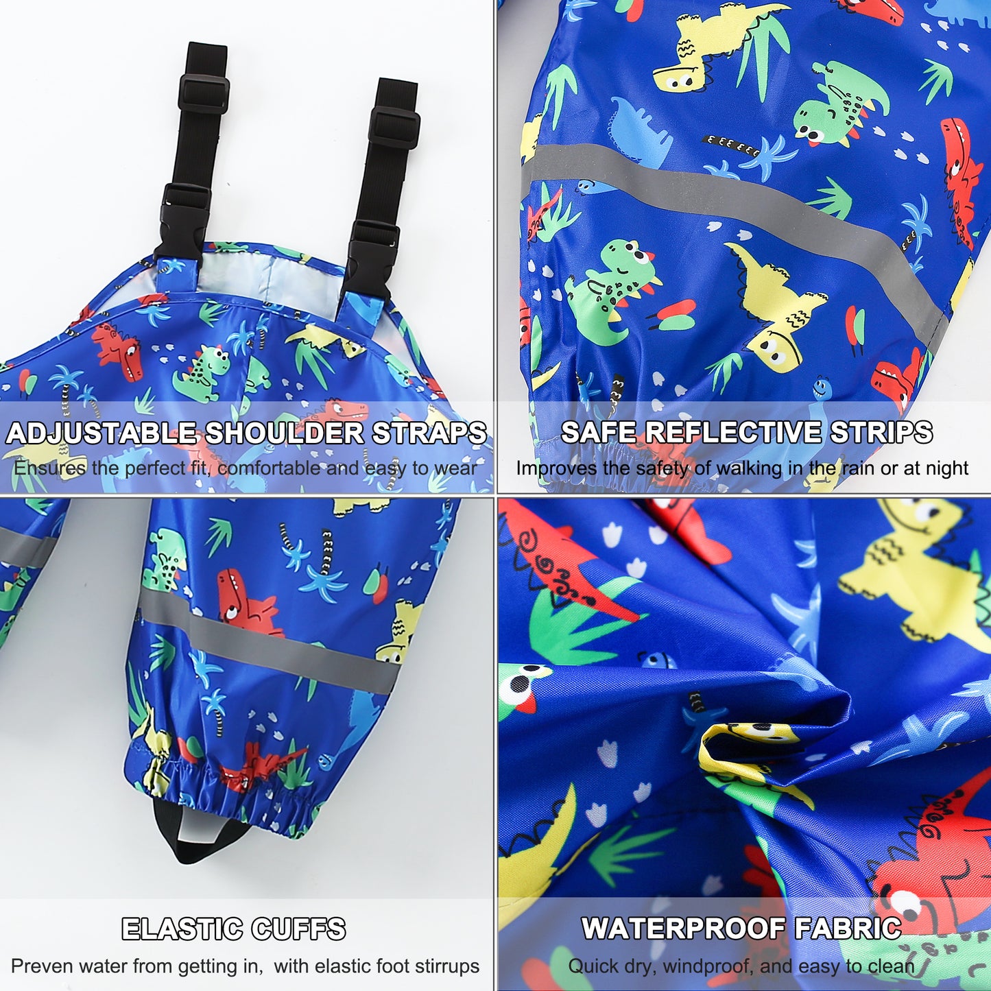 Kids Waterproof Rain Bib Pants, Boys Girls Rain Pants Cartoon Rain Trousers Lightweight Rainwear for Toddlers