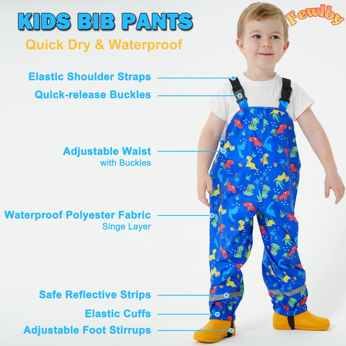 Kids Waterproof Rain Bib Pants, Boys Girls Rain Pants Cartoon Rain Trousers Lightweight Rainwear for Toddlers