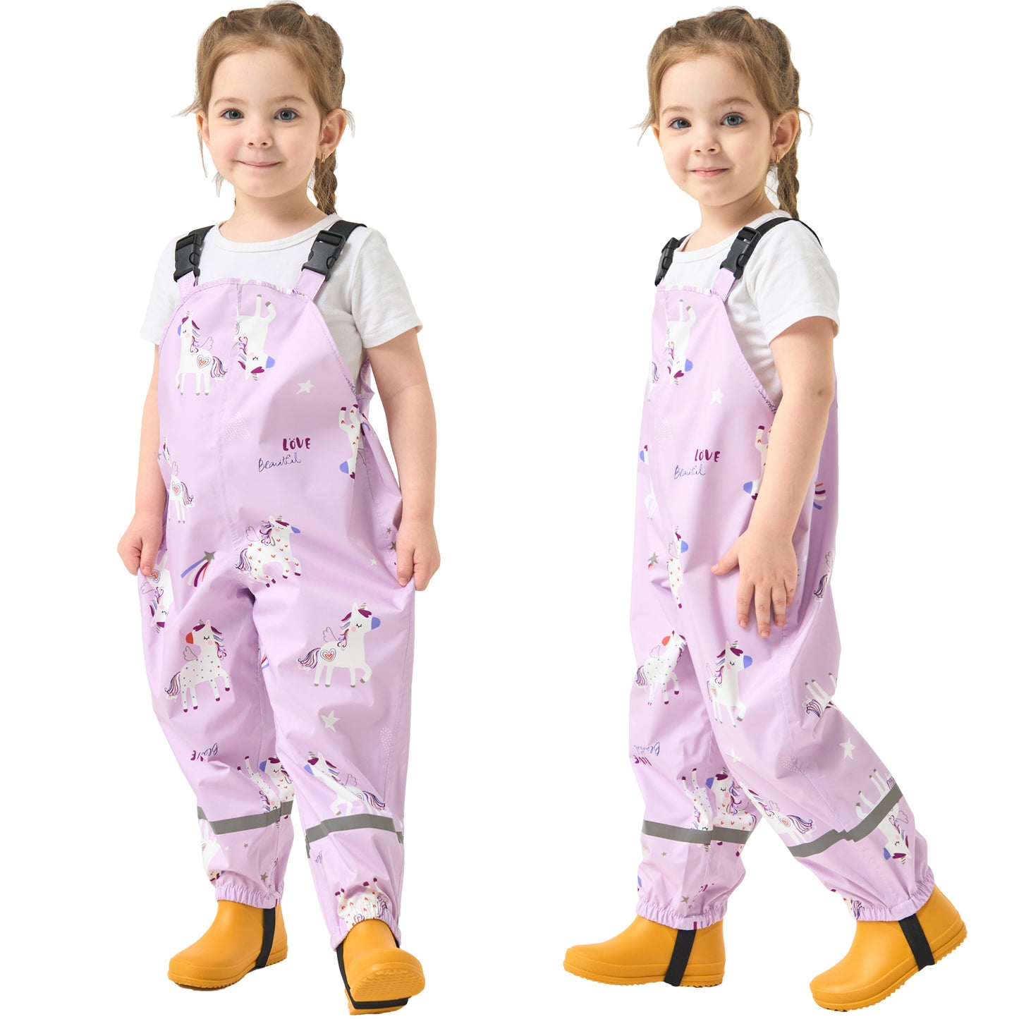 Toddler Waterproof Rain Bib Pants, Girls Rain Pants Kids Cartoon Rain Trousers Lightweight Mud Pants Rainwear