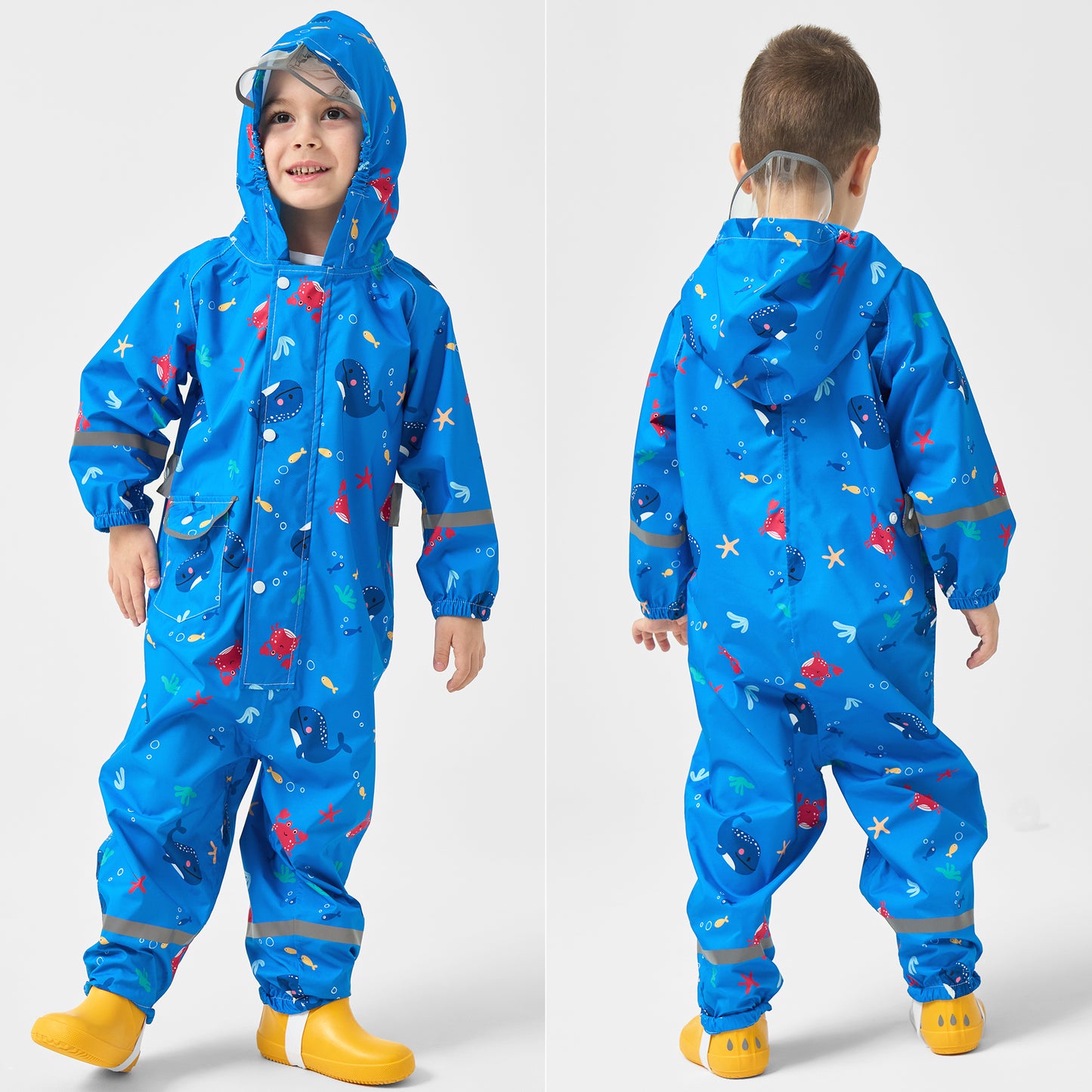 Kids Rain Suit, Toddler Raincoats One Piece Hoodie Cartoon Rain Gear Boys Waterproof Rainwear Coveralls