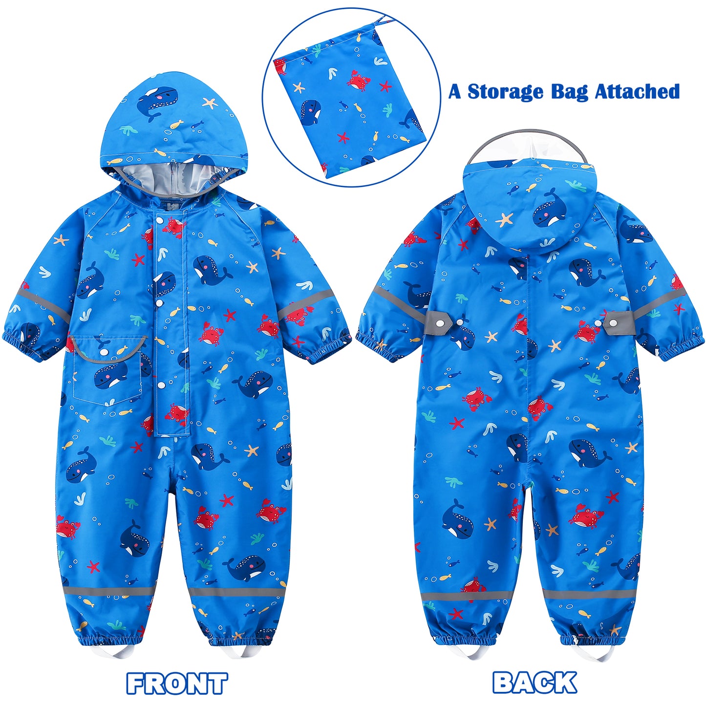 Kids Rain Suit, Toddler Raincoats One Piece Hoodie Cartoon Rain Gear Boys Waterproof Rainwear Coveralls