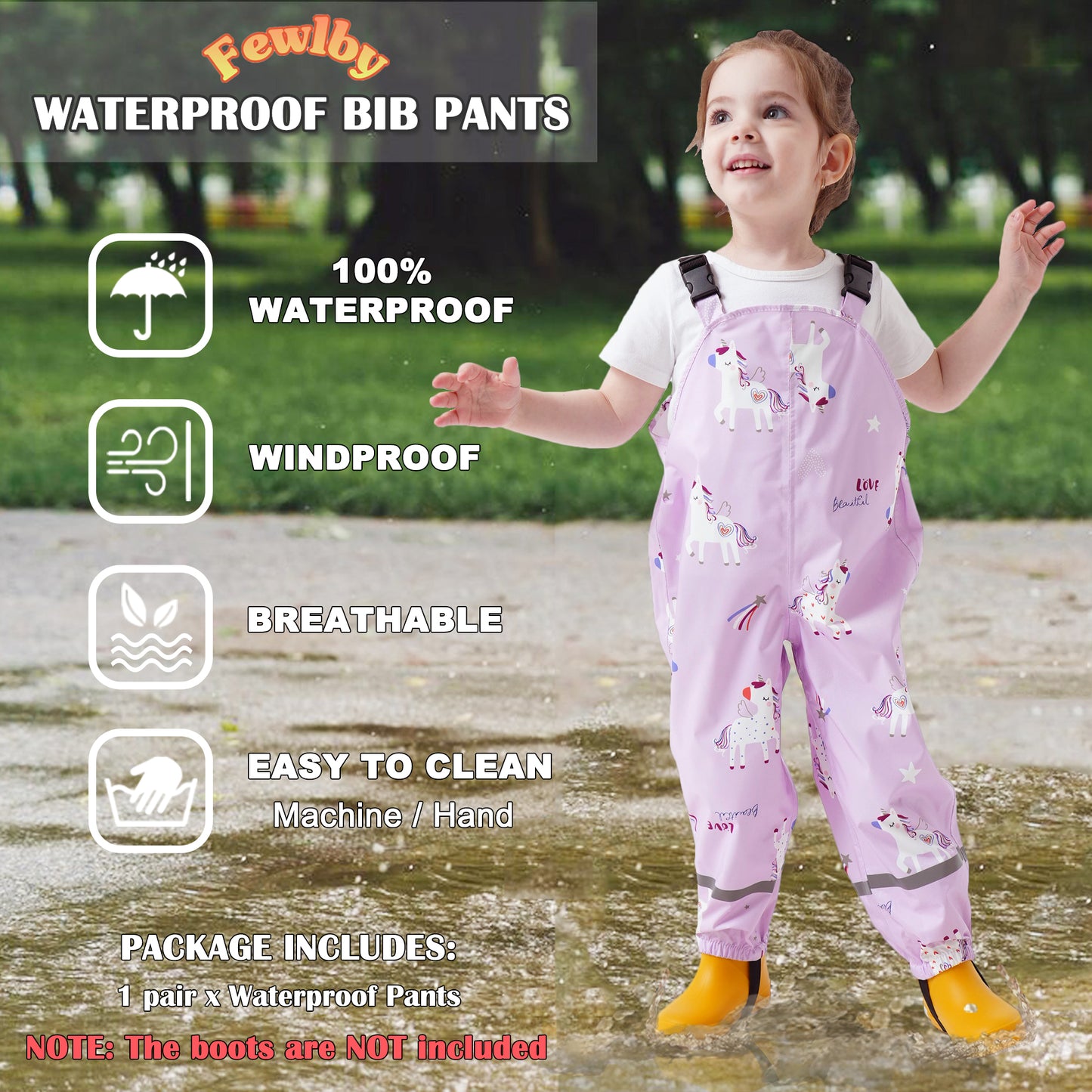 Toddler Waterproof Rain Bib Pants, Girls Rain Pants Kids Cartoon Rain Trousers Lightweight Mud Pants Rainwear