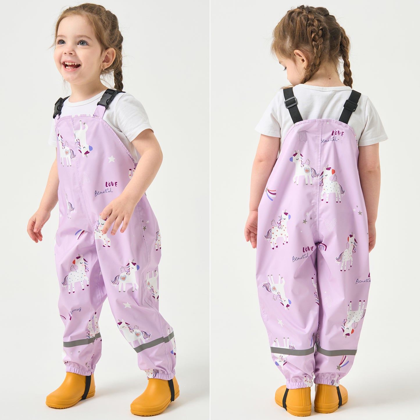 Toddler Waterproof Rain Bib Pants, Girls Rain Pants Kids Cartoon Rain Trousers Lightweight Mud Pants Rainwear
