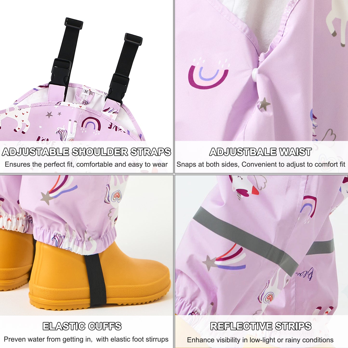 Toddler Waterproof Rain Bib Pants, Girls Rain Pants Kids Cartoon Rain Trousers Lightweight Mud Pants Rainwear