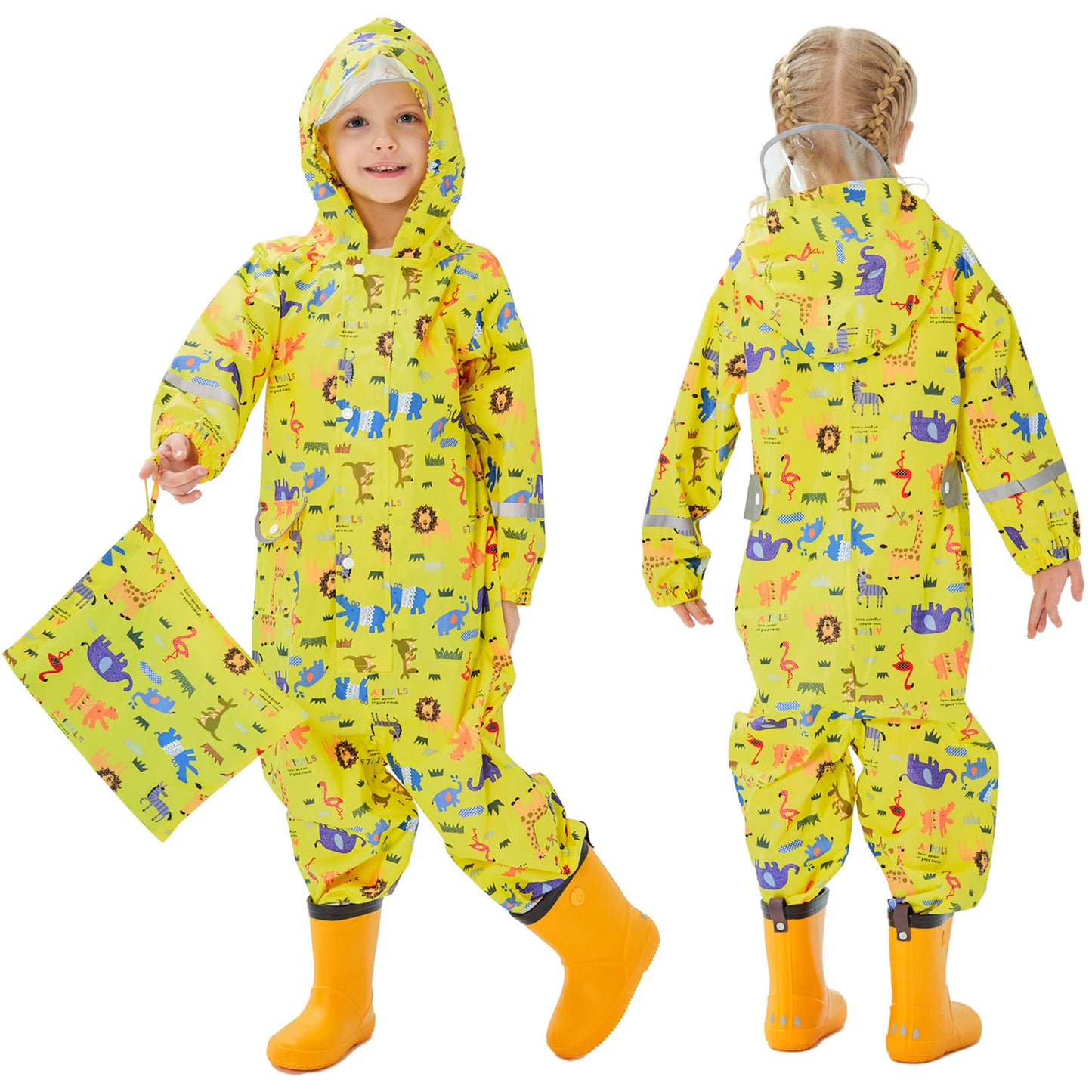 Kids Rain Suit Waterproof Suit Puddle Suit Boys Girls All In One Rain Coat Cartoon Hoodie Zip Rain Jacket