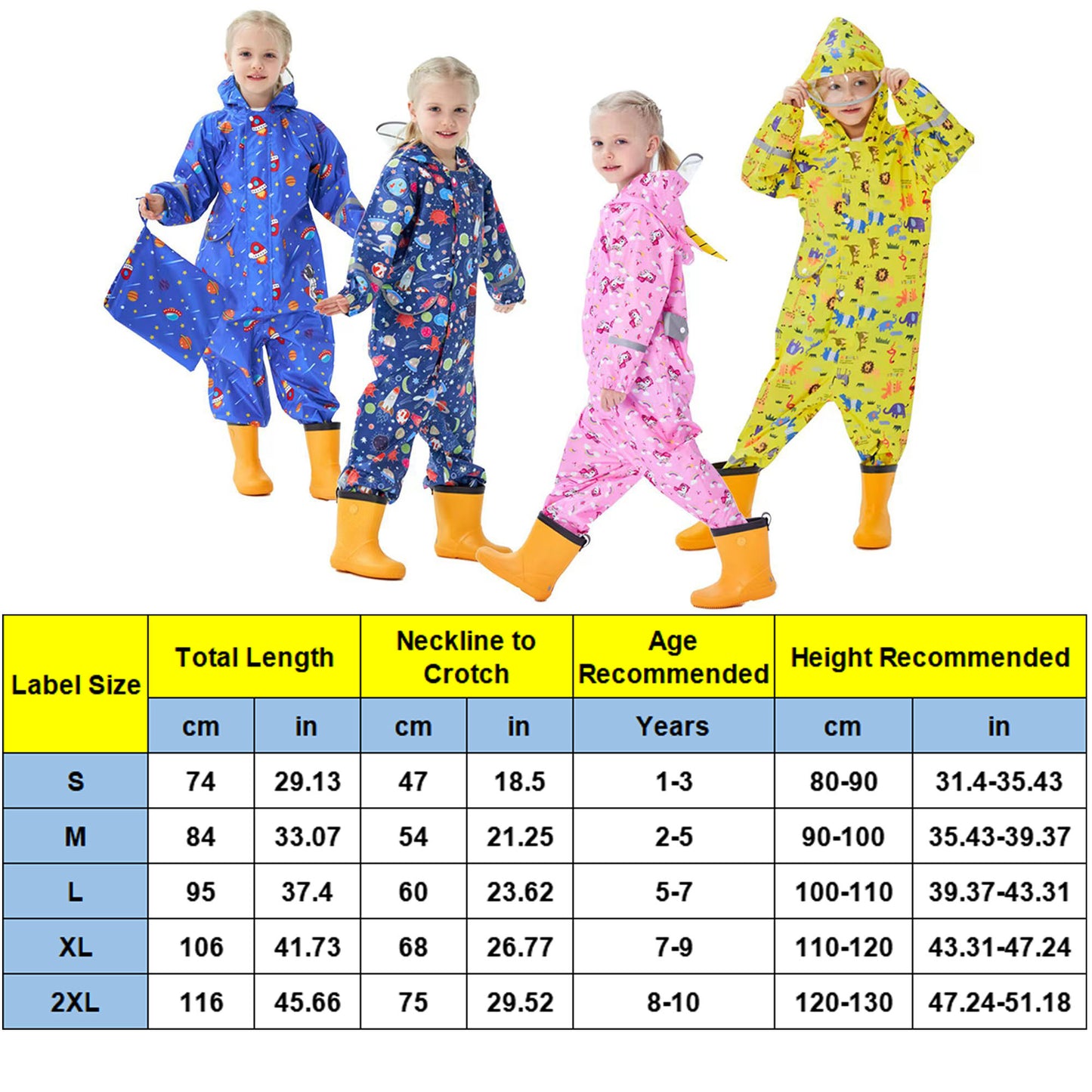 Kids Rain Suit Waterproof Suit Puddle Suit Boys Girls All In One Rain Coat Cartoon Hoodie Zip Rain Jacket