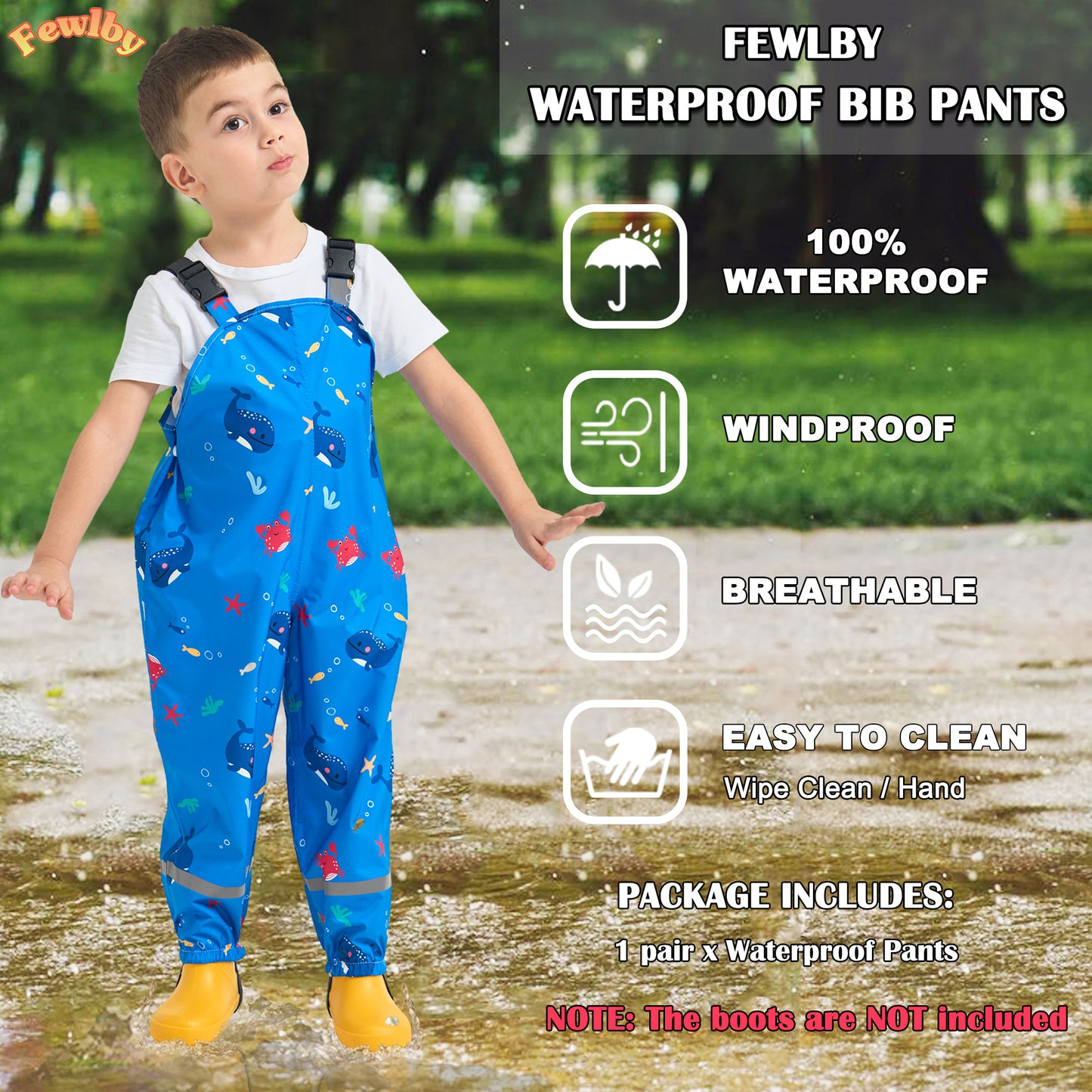 Kids Waterproof Rain Bib Pants, Toddlers Suspender Mud Dirty Proof Rain Wear