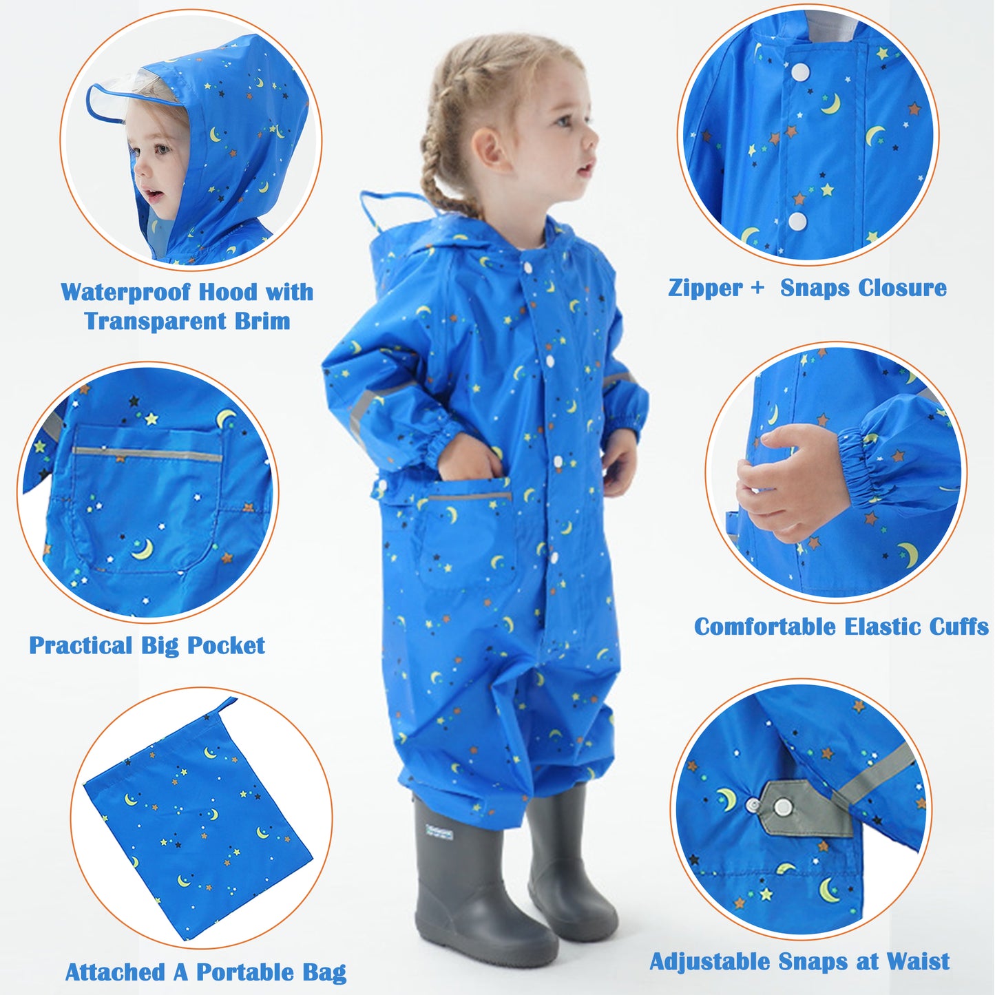 Kids Toddler Rain Suit for Boys Girls One Piece Hoodie Zipper Waterproof Rain Jacket 1-10 Years