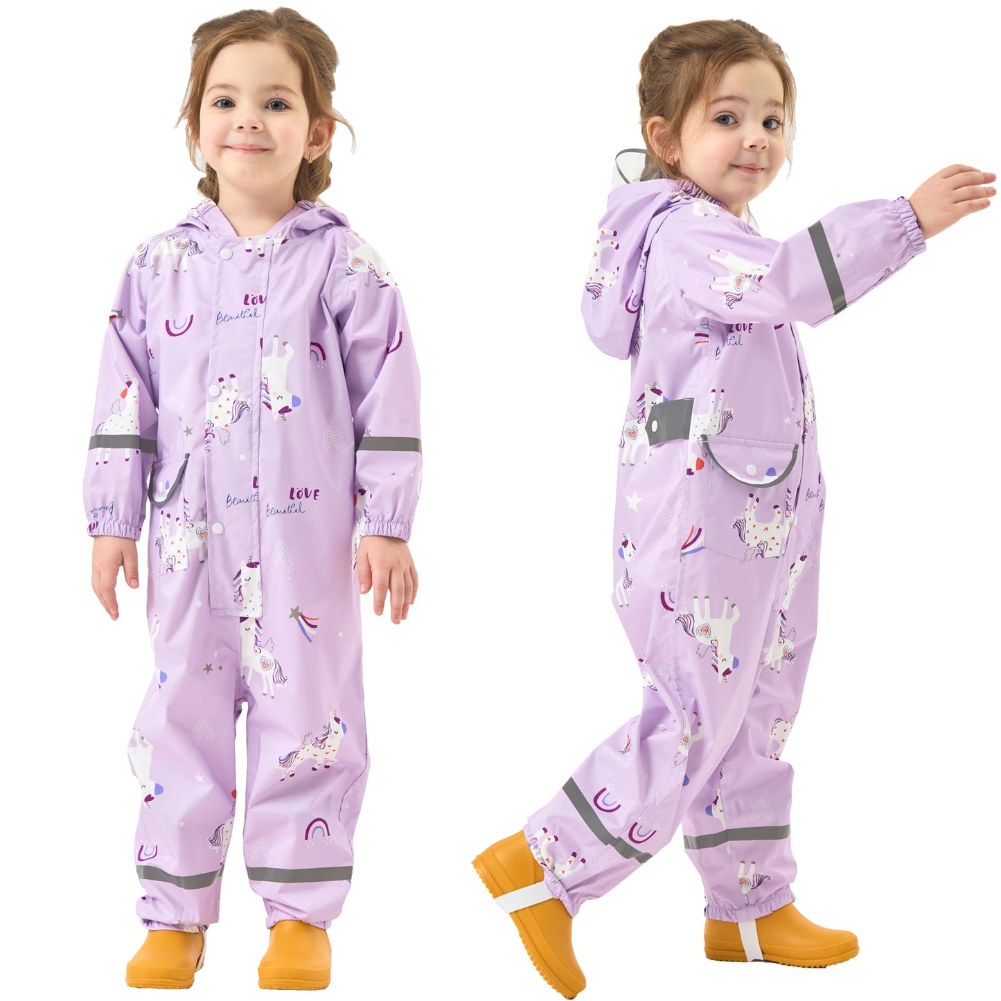 Fewlby Kids Rain Suit Toddler Girls Raincoats One Piece Hoodie Cartoon Rain Gear Coverall Waterproof Rainwear