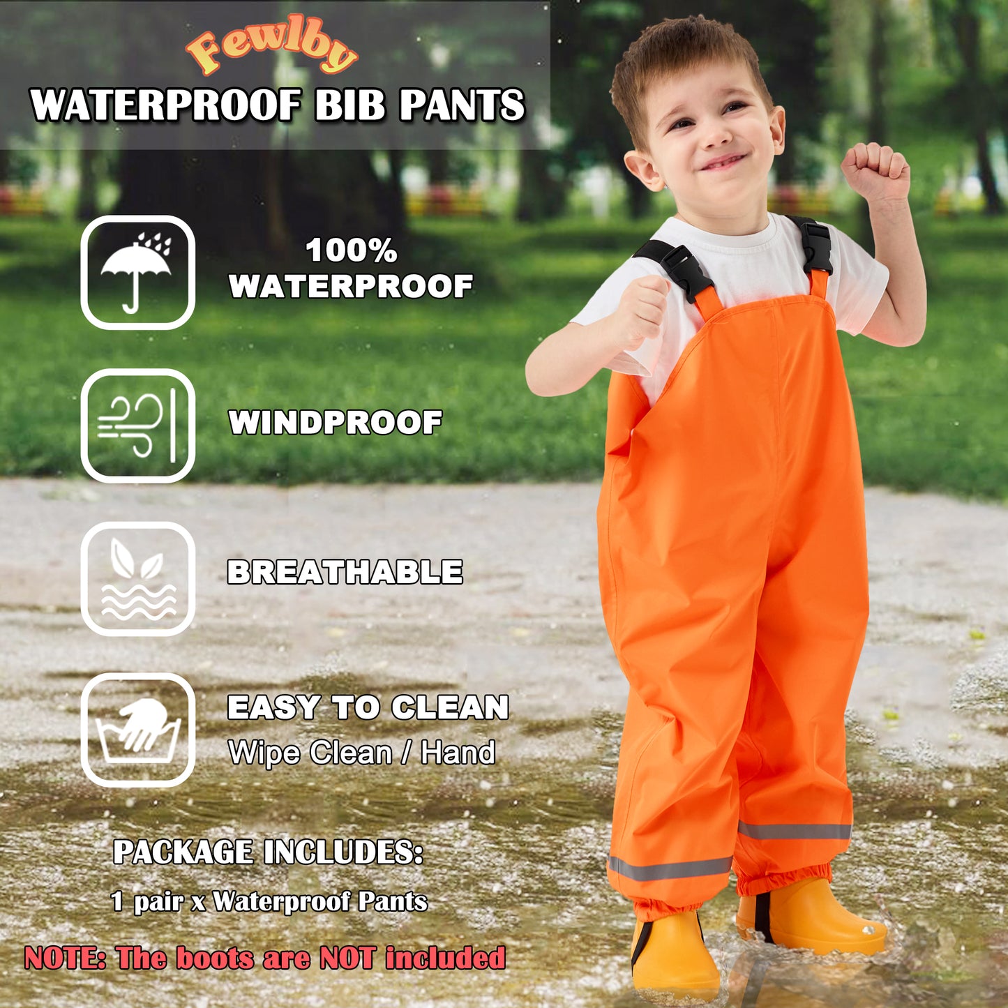 Fewlby Kids Rain Bib Pants, Toddlers Waterproof Suspender Dirty Proof Rain Wear for Boys and Girls